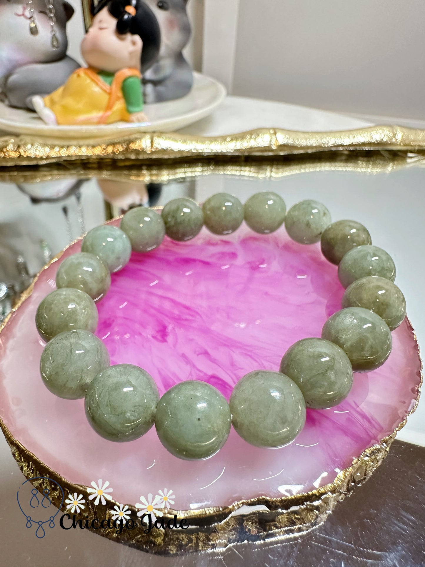 Large round green yellow jadeite jade beaded bracelet - gender neutral handmade Grade A