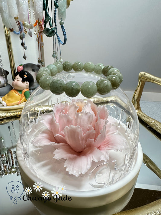 Large round green yellow jadeite jade beaded bracelet - gender neutral handmade Grade A