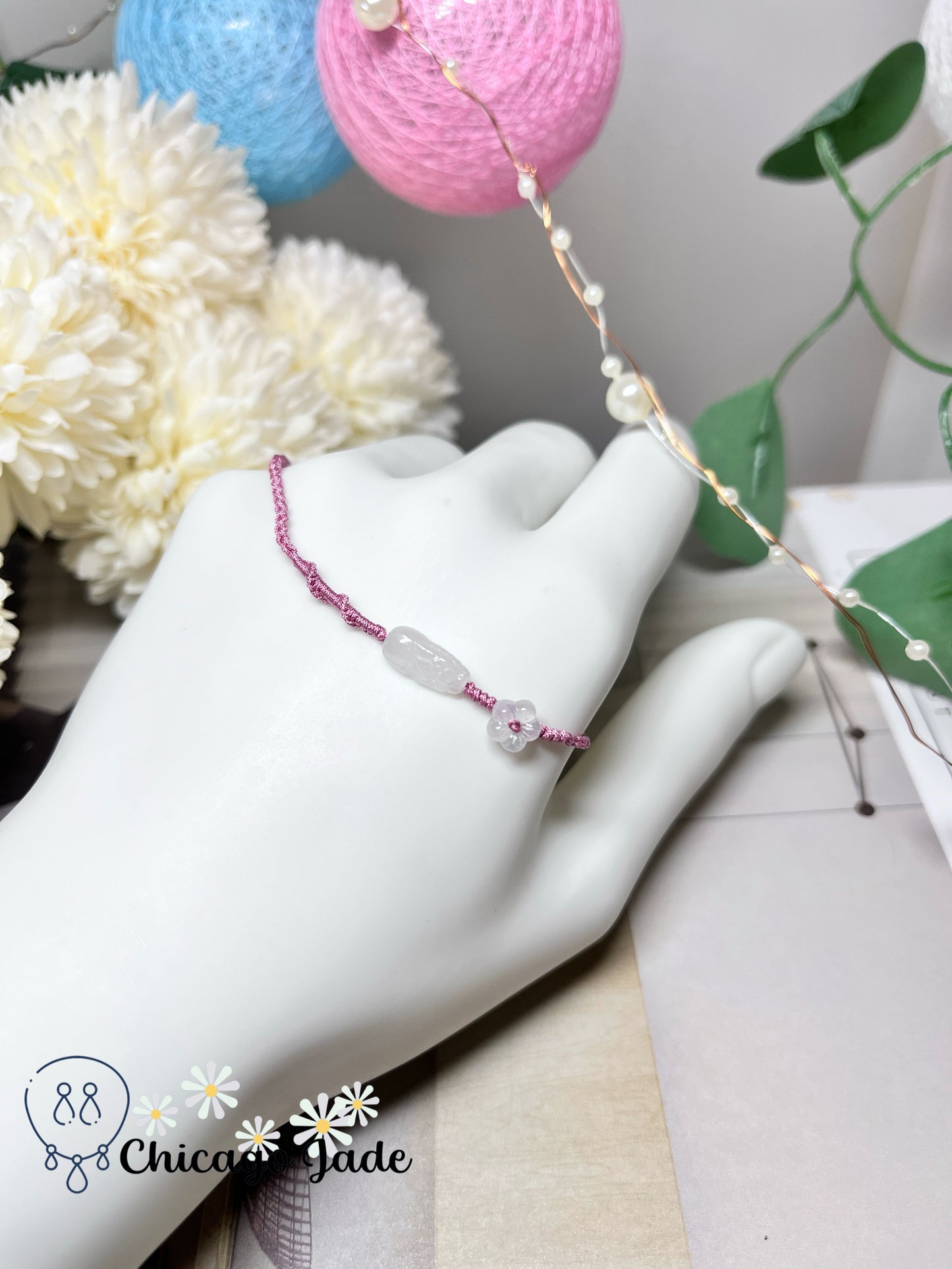 Moonlight White Carved Pixiu and Flower (Brings Good Fortune and Wealth) Jadeite Jade Feicui on Adjustable Rope Bracelet Authentic Certified Burma Handmade Gift