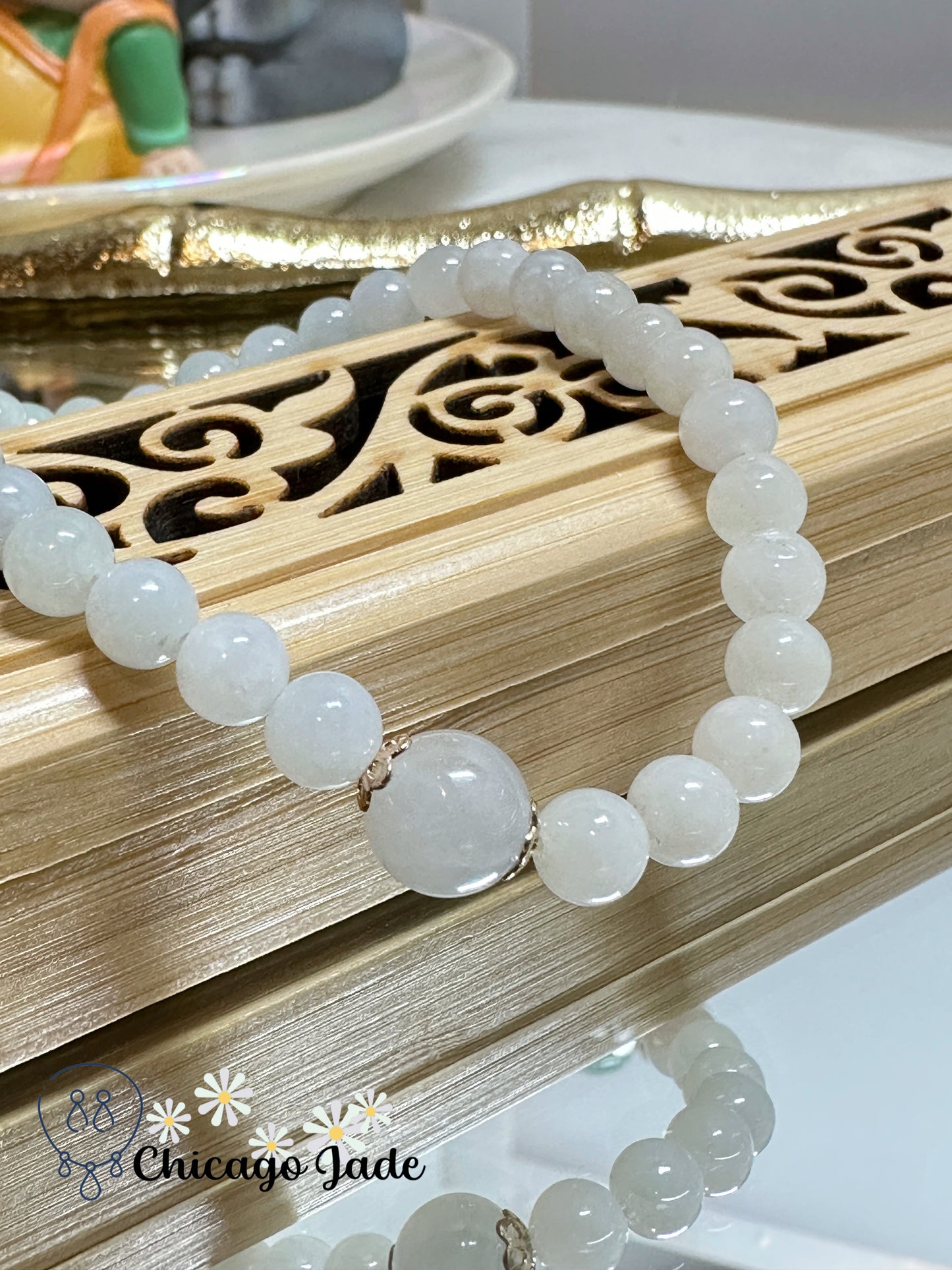 Moonlight translucent elegant round jadeite jade beaded bracelet - Grade A handmade adjustable