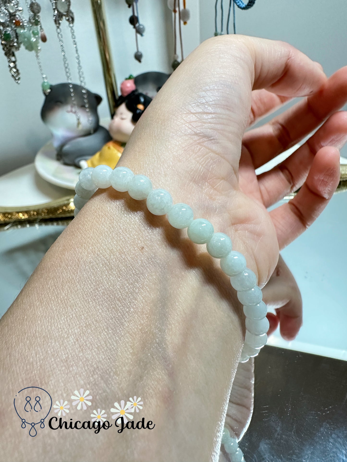 Moonlight translucent elegant round jadeite jade beaded bracelet - Grade A handmade adjustable