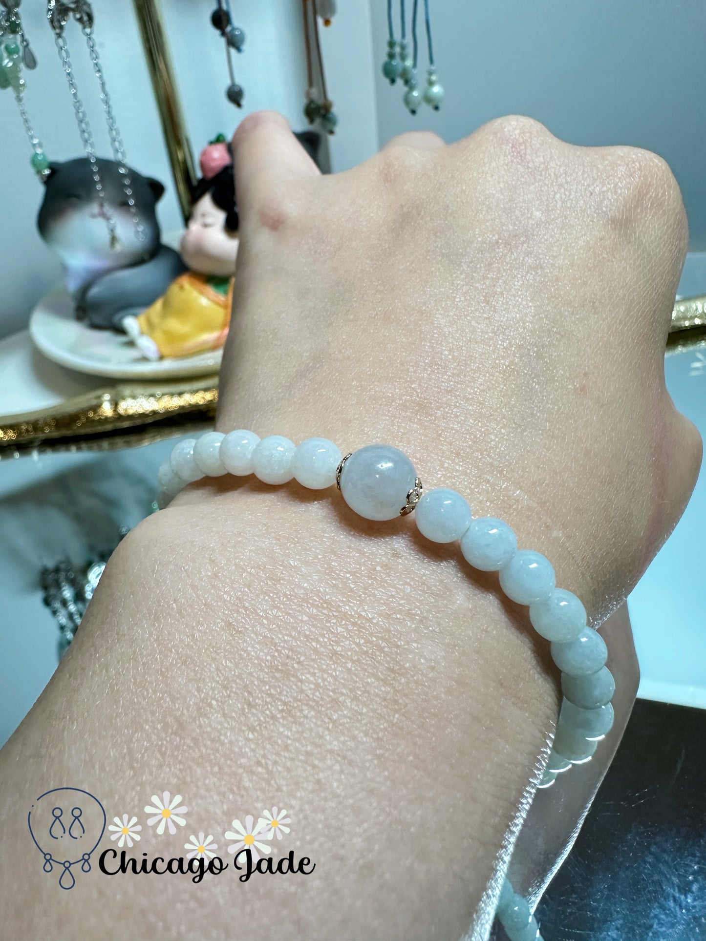 Moonlight translucent elegant round jadeite jade beaded bracelet - Grade A handmade adjustable