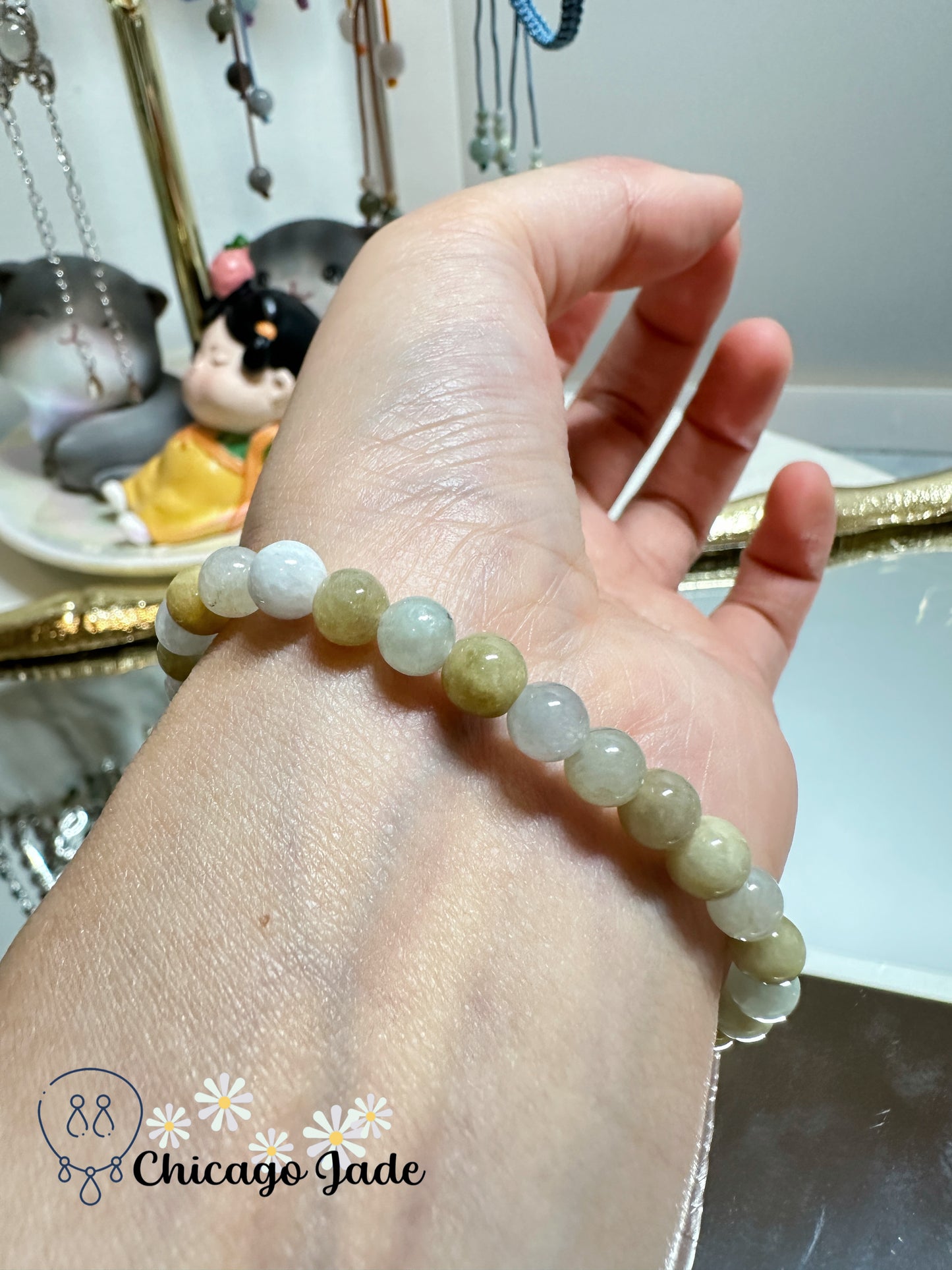 Yellow and white bi-color round jadeite jade beaded bracelet - natural untreated Grade A handmade