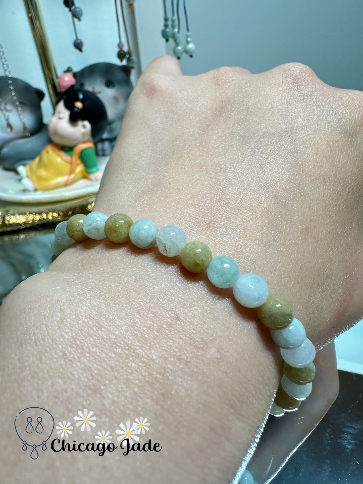 Yellow and white bi-color round jadeite jade beaded bracelet - natural untreated Grade A handmade