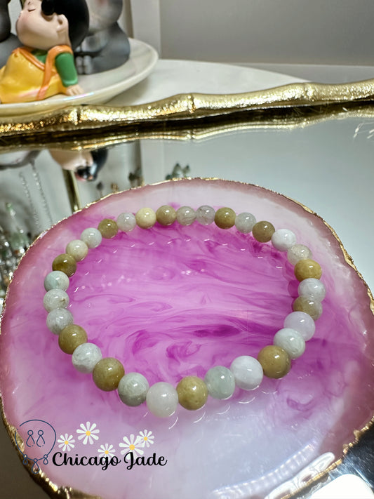 Yellow and white bi-color round jadeite jade beaded bracelet - natural untreated Grade A handmade