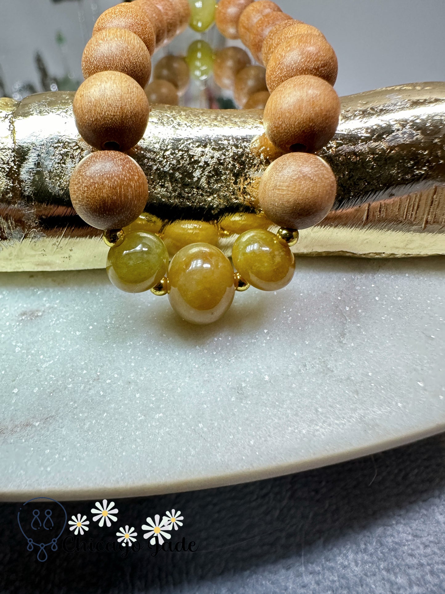 Matching color sunflower yellow authentic jadeite jade beads with wood beaded bracelet - adjustable