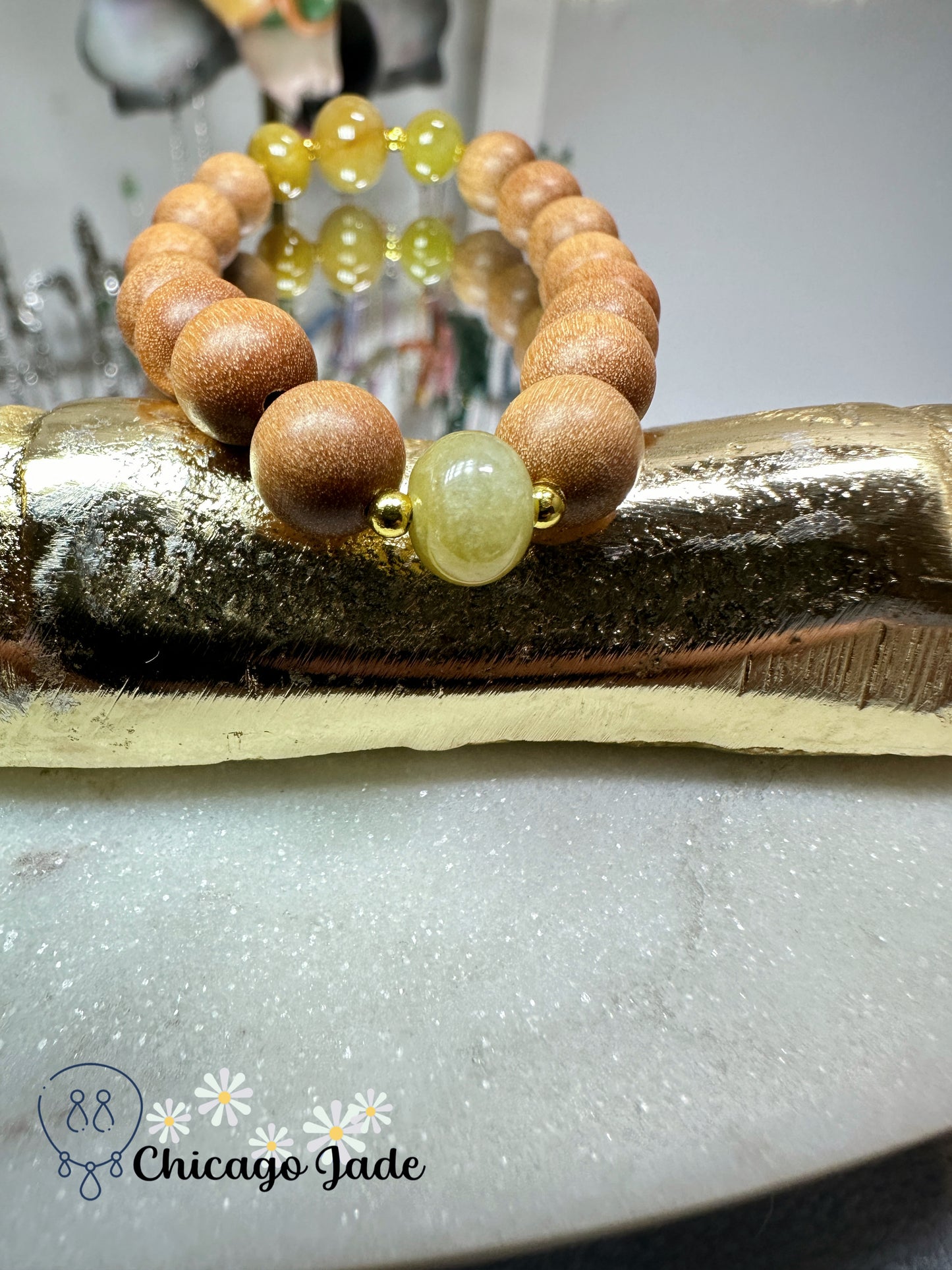 Matching color sunflower yellow authentic jadeite jade beads with wood beaded bracelet - adjustable