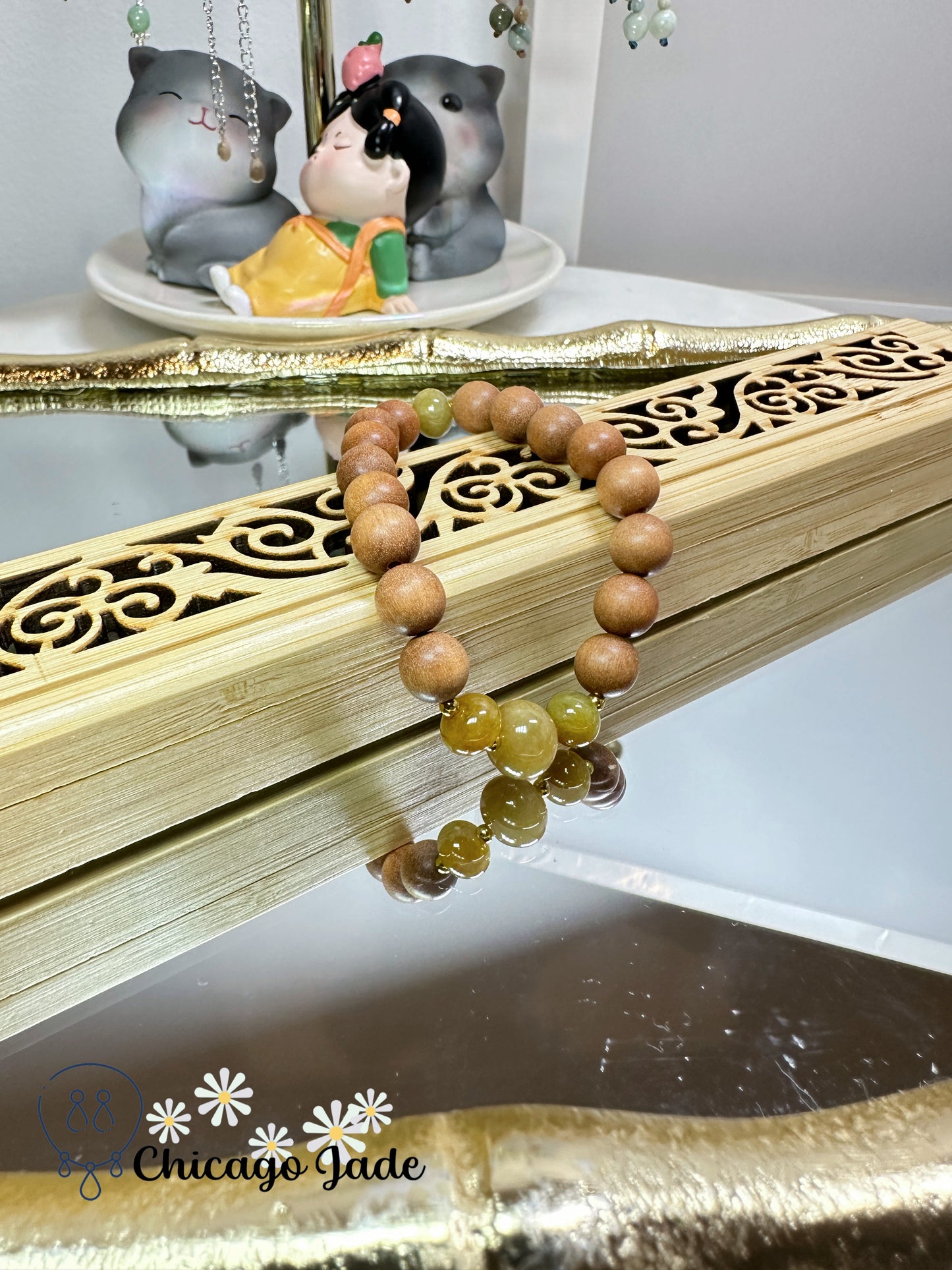 Matching color sunflower yellow authentic jadeite jade beads with wood beaded bracelet - adjustable