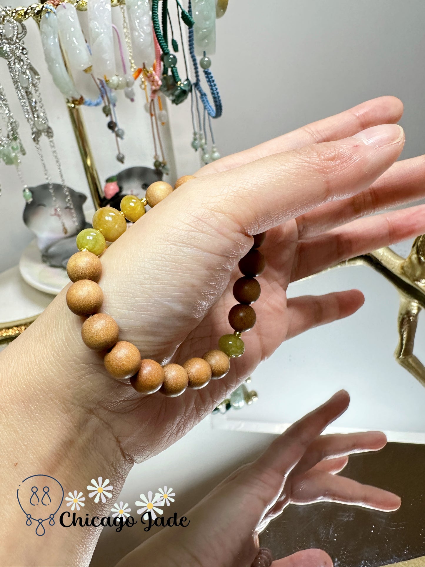 Matching color sunflower yellow authentic jadeite jade beads with wood beaded bracelet - adjustable