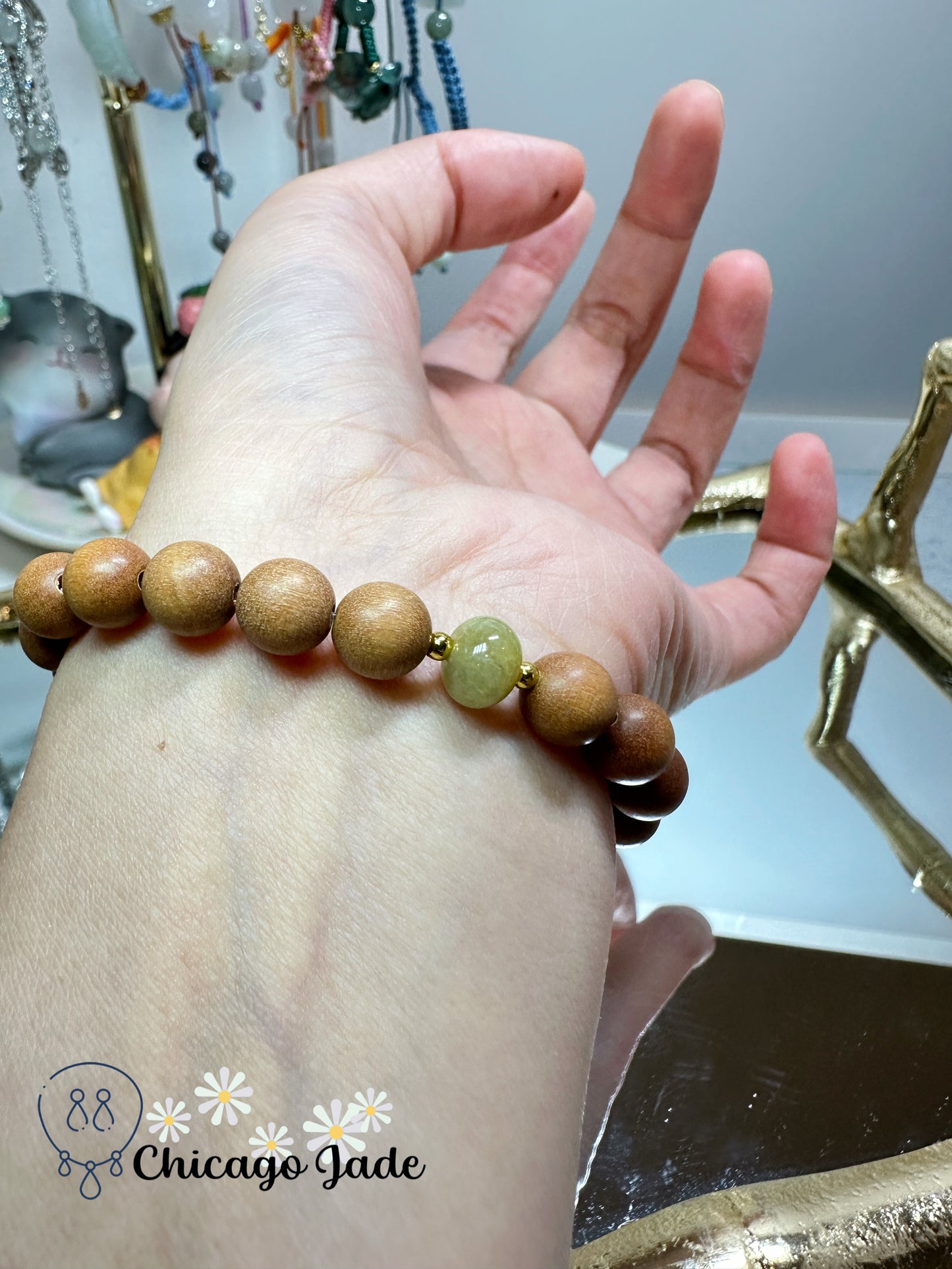 Matching color sunflower yellow authentic jadeite jade beads with wood beaded bracelet - adjustable