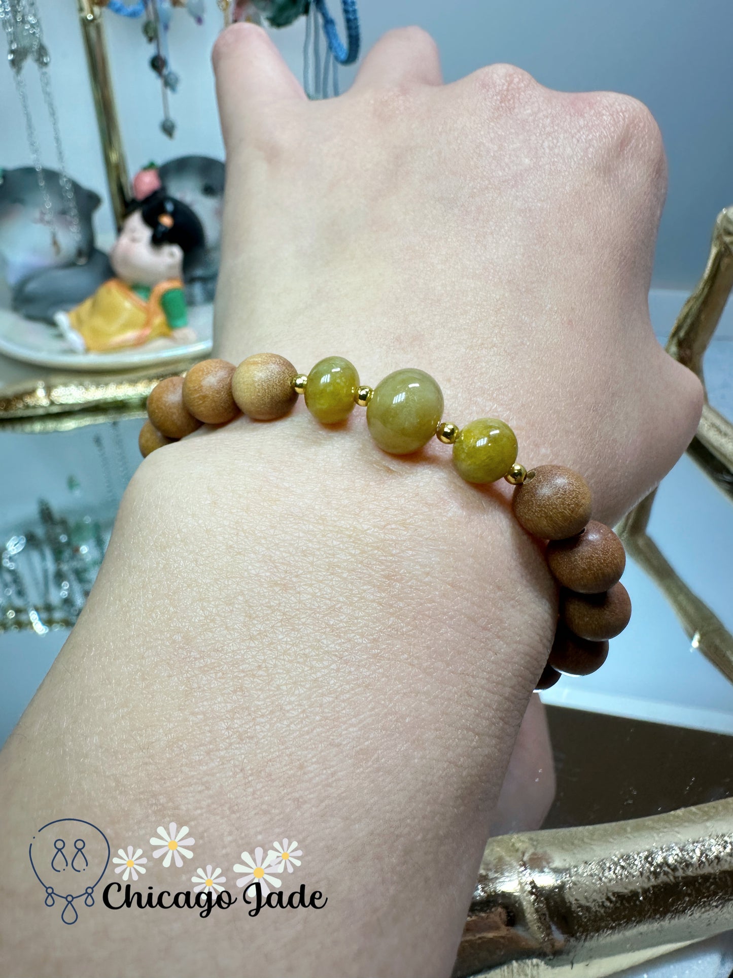 Matching color sunflower yellow authentic jadeite jade beads with wood beaded bracelet - adjustable