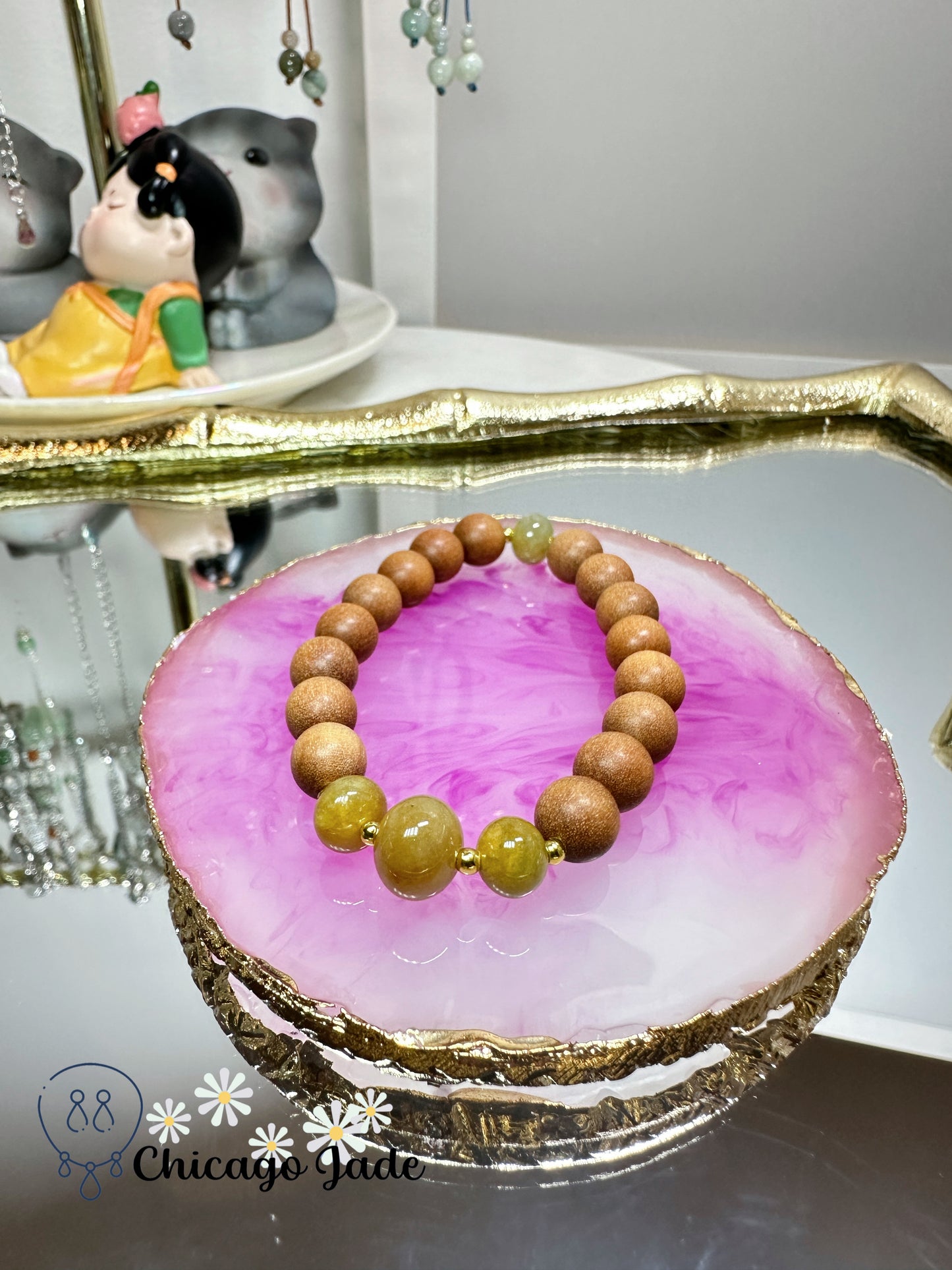 Matching color sunflower yellow authentic jadeite jade beads with wood beaded bracelet - adjustable