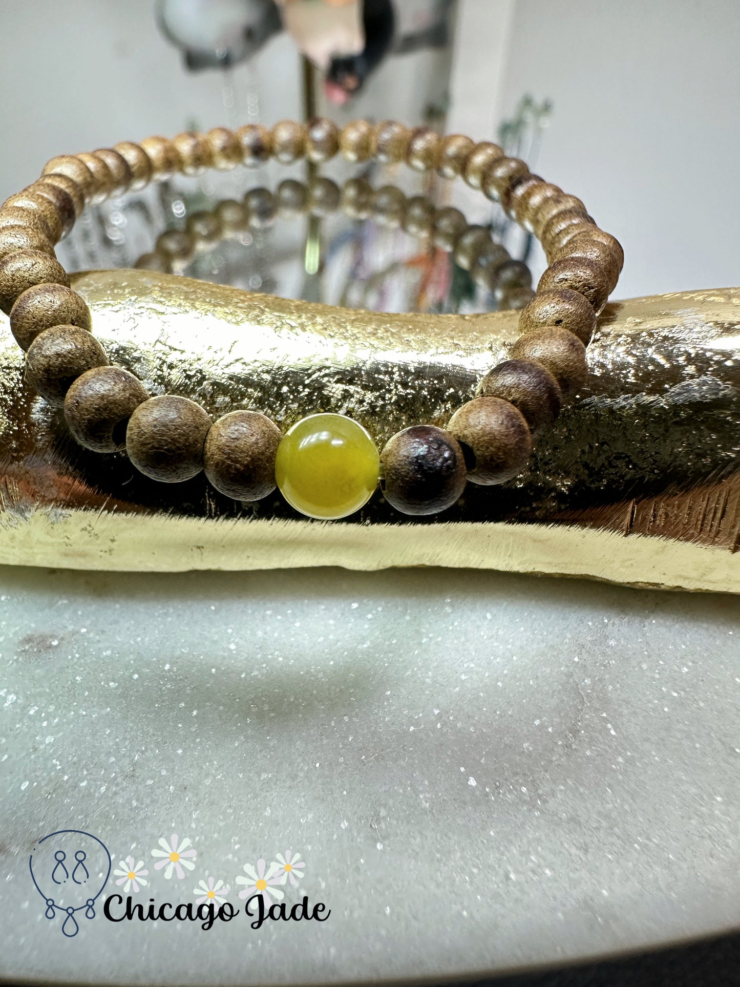 Bright yellow jadeite jade bead with wood beaded bracelet