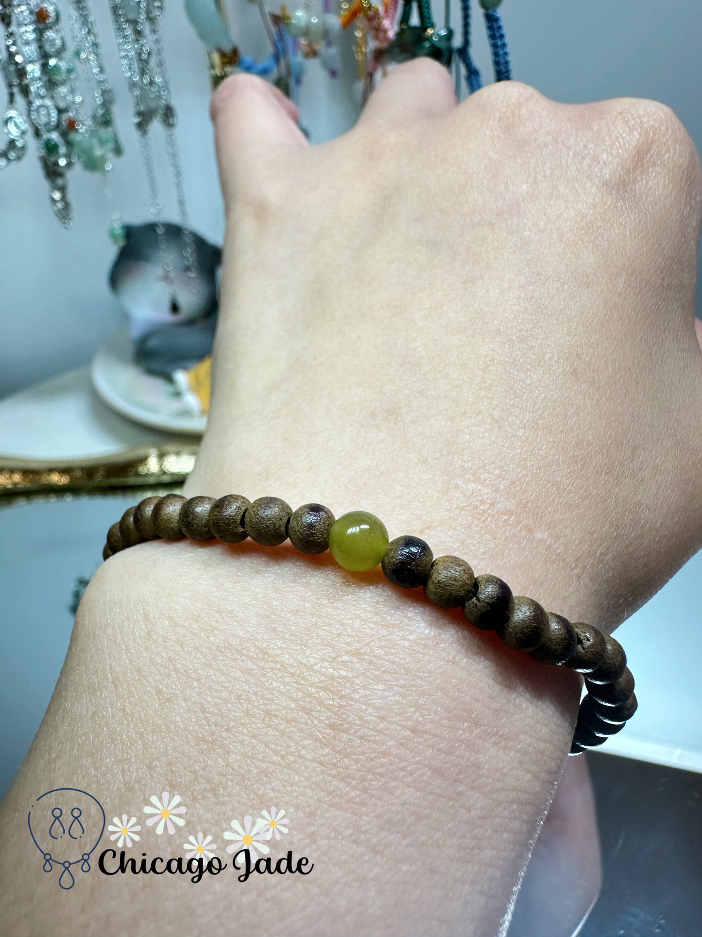 Bright yellow jadeite jade bead with wood beaded bracelet