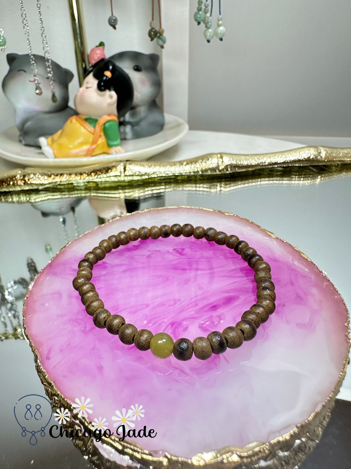 Bright yellow jadeite jade bead with wood beaded bracelet