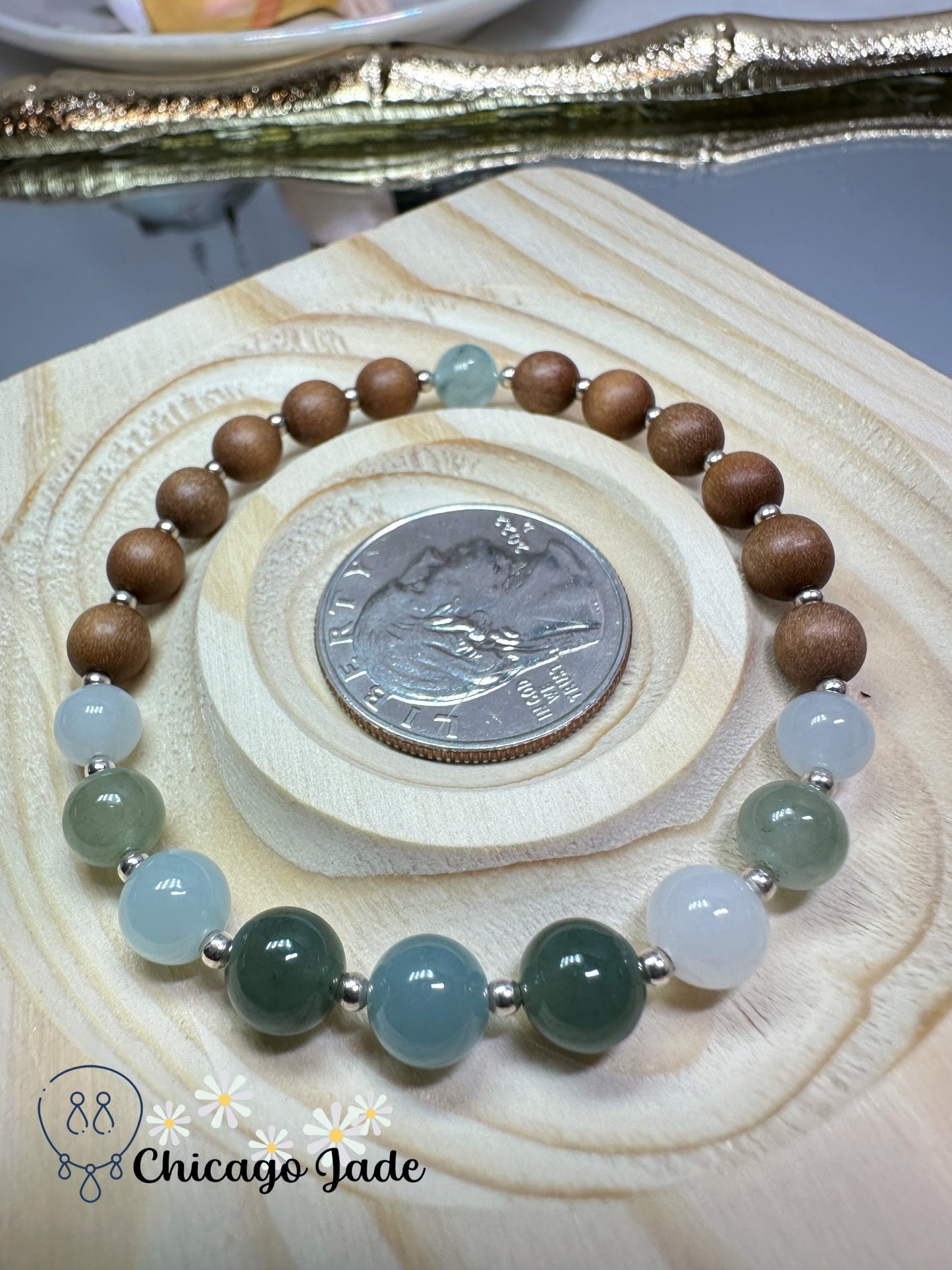 Light green sky blue white round jadeite jade beads with matching wood beads adjustable bracelet