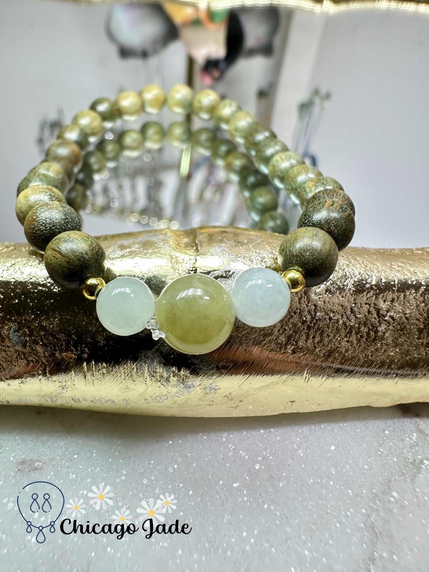 Fall themed yellow jadeite jade bead with matching green-yellow wood beaded bracelet