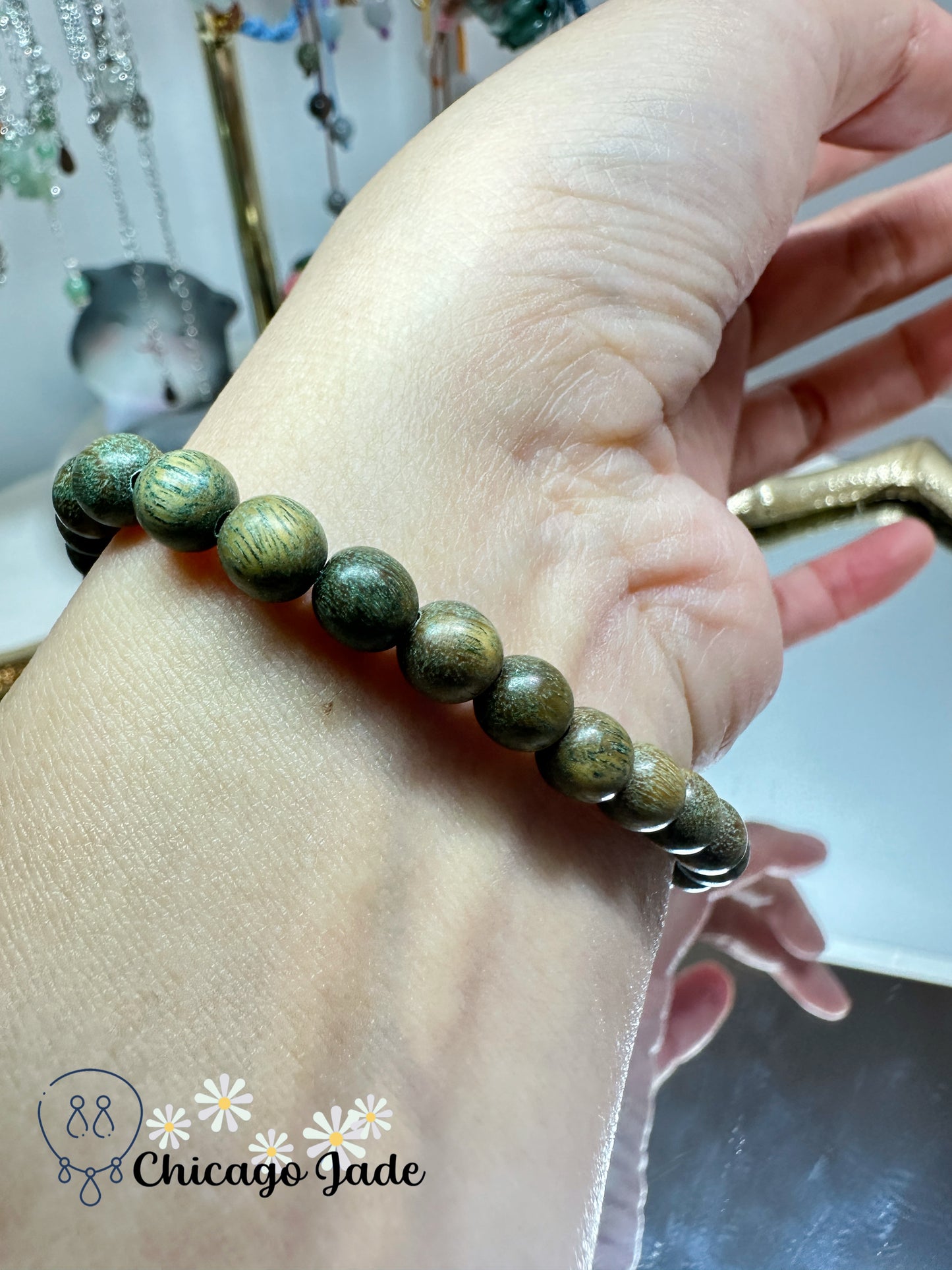 Fall themed yellow jadeite jade bead with matching green-yellow wood beaded bracelet