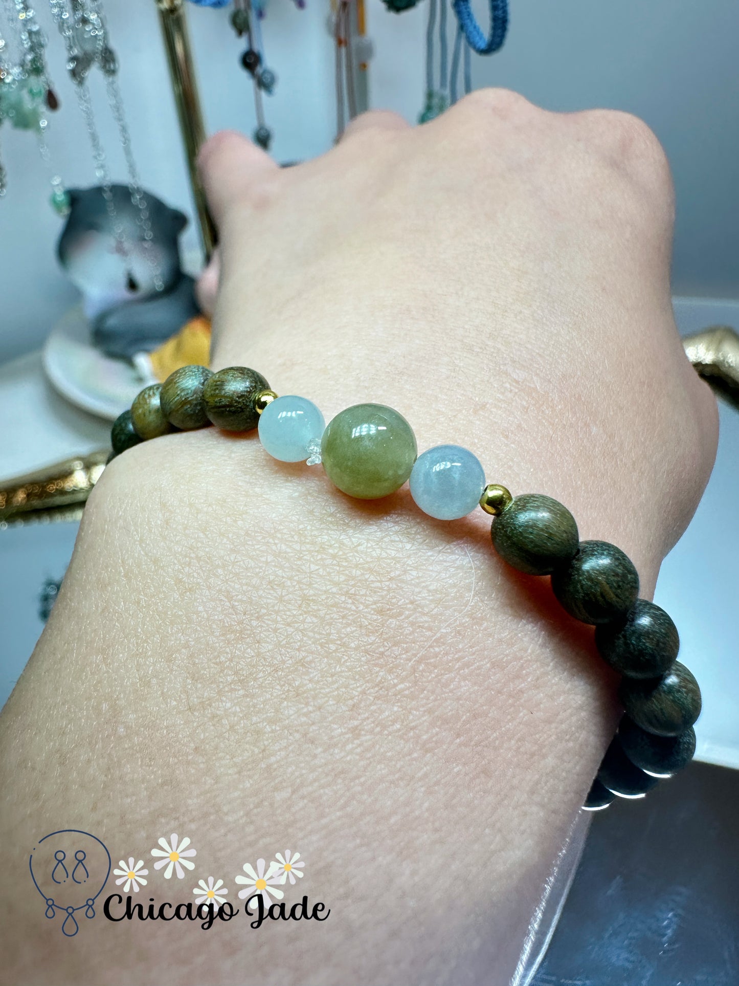 Fall themed yellow jadeite jade bead with matching green-yellow wood beaded bracelet