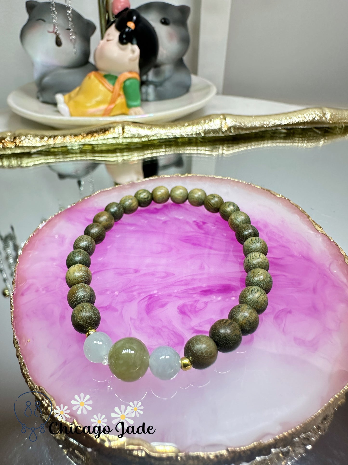 Fall themed yellow jadeite jade bead with matching green-yellow wood beaded bracelet