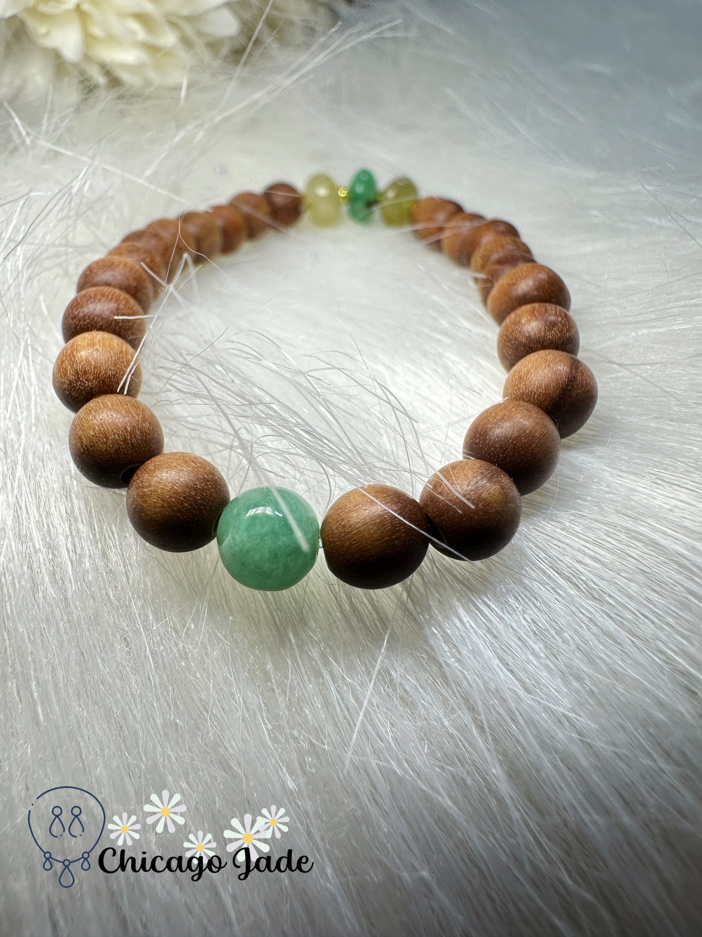 Fall themed green yellow donuts jadeite jade feicui with wood beads bracelet