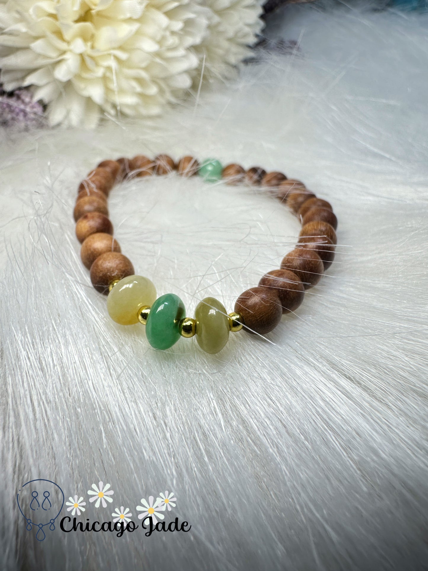 Fall themed green yellow donuts jadeite jade feicui with wood beads bracelet