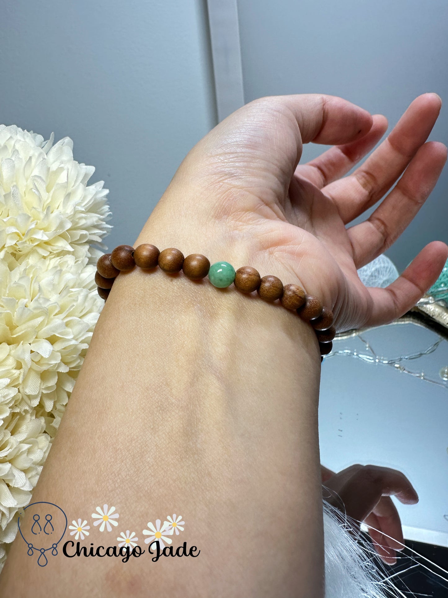 Fall themed green yellow donuts jadeite jade feicui with wood beads bracelet