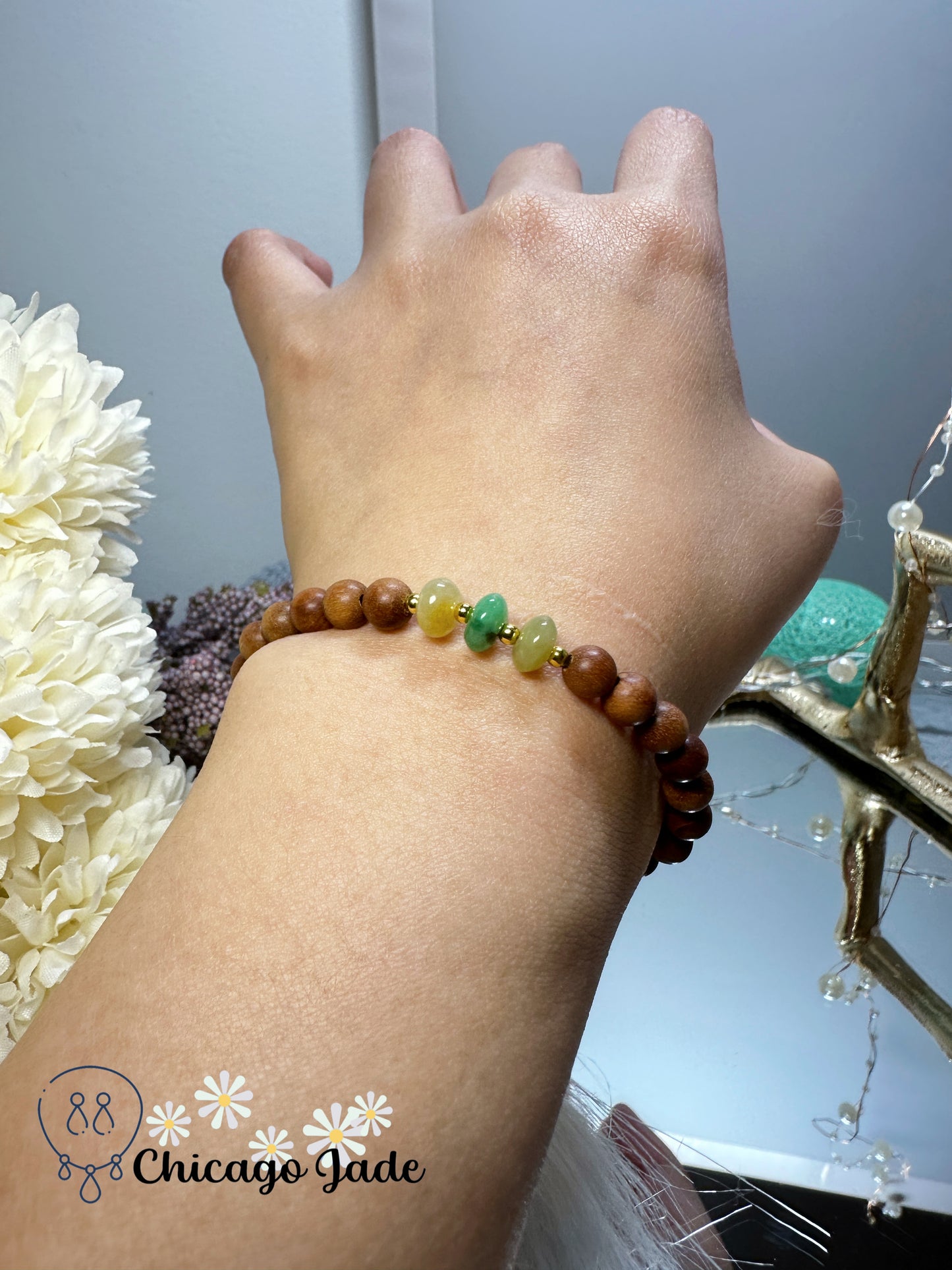 Fall themed green yellow donuts jadeite jade feicui with wood beads bracelet