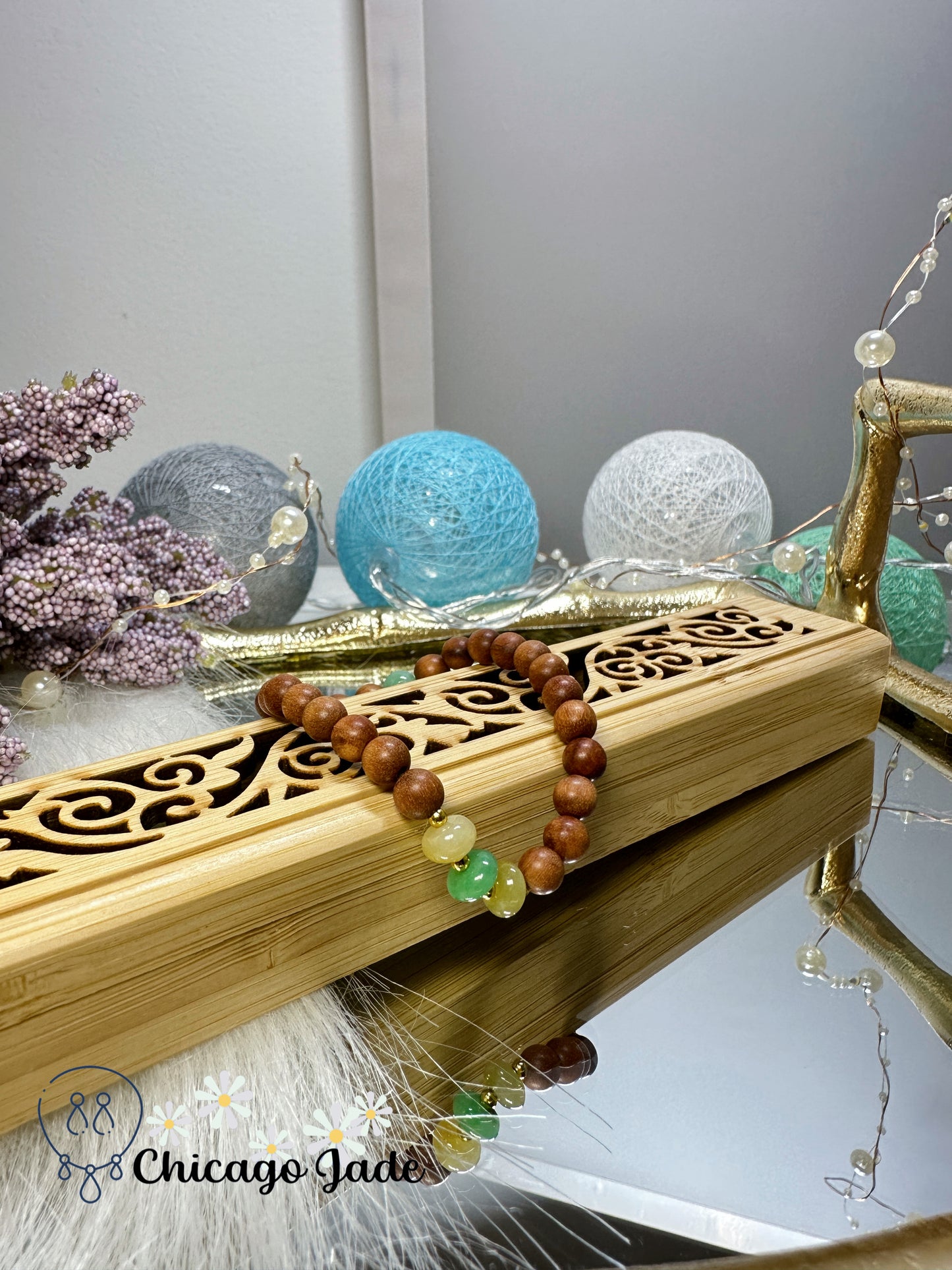 Fall themed green yellow donuts jadeite jade feicui with wood beads bracelet