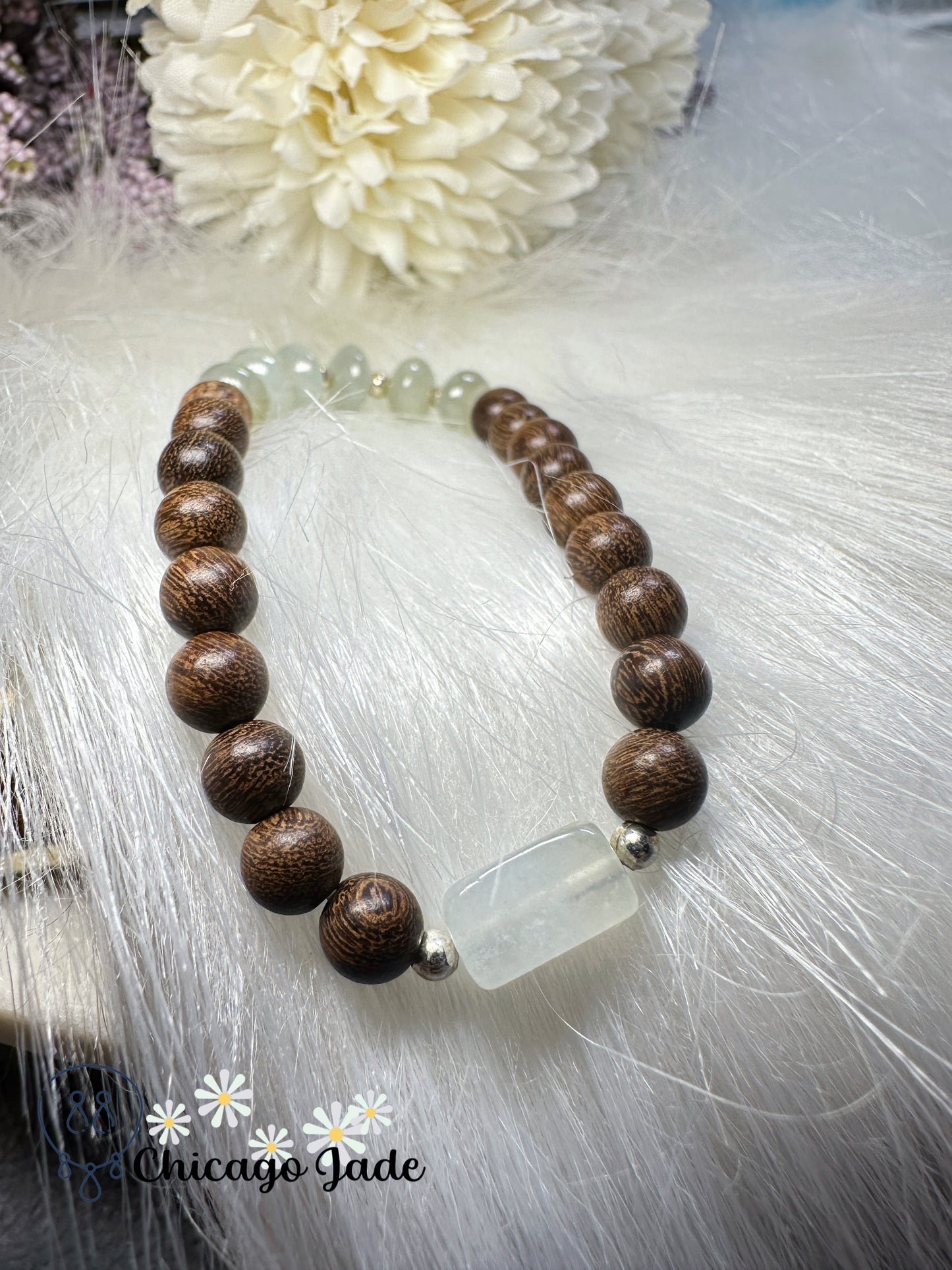 Translucent jadeite jade feicui donut beads and matching round wood beads bracelet