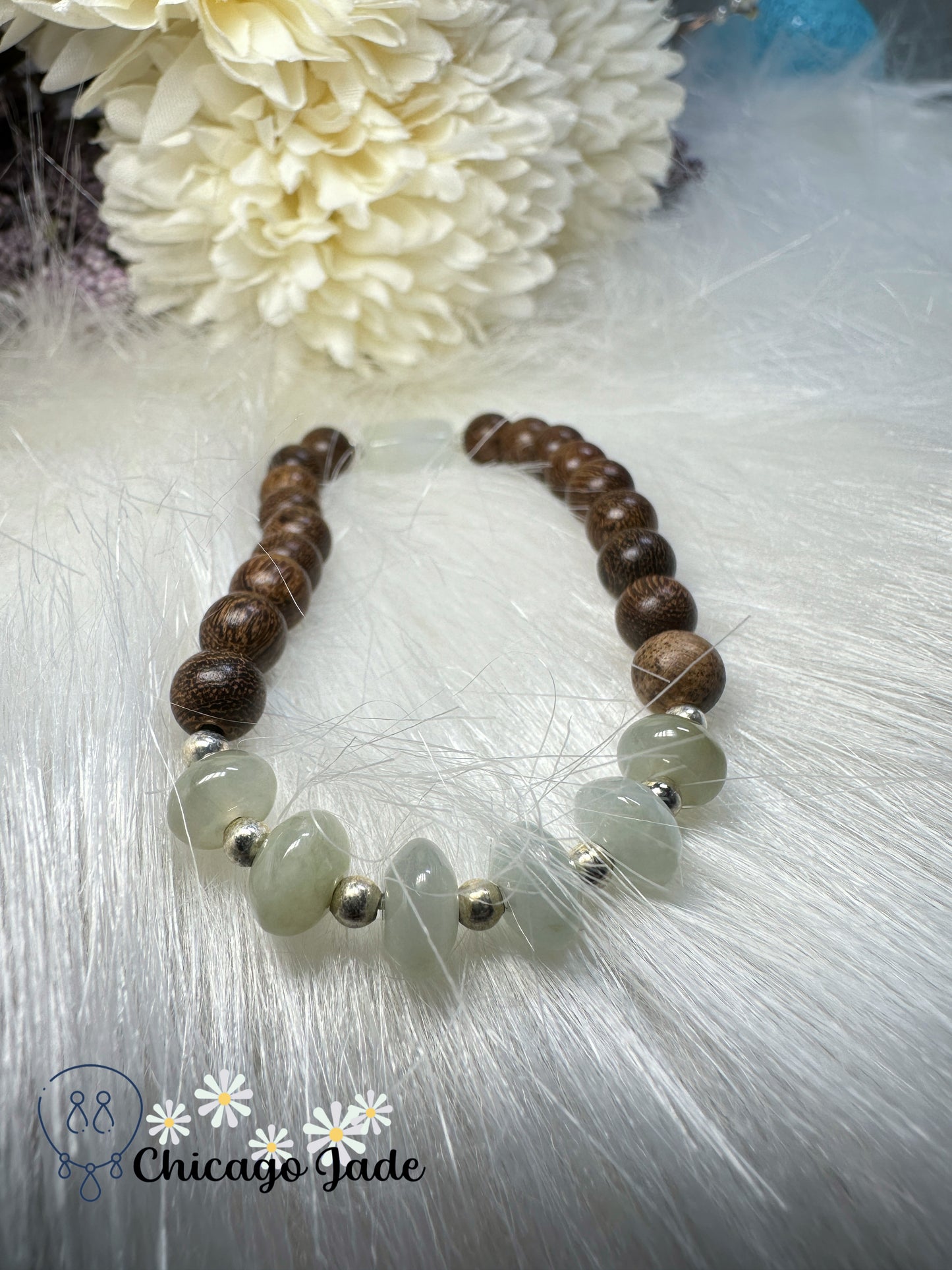 Translucent jadeite jade feicui donut beads and matching round wood beads bracelet