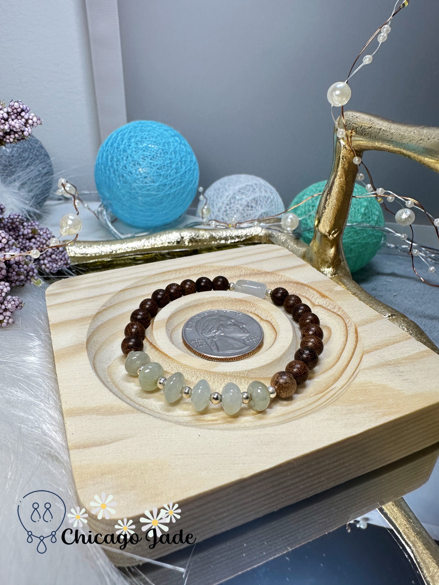 Translucent jadeite jade feicui donut beads and matching round wood beads bracelet