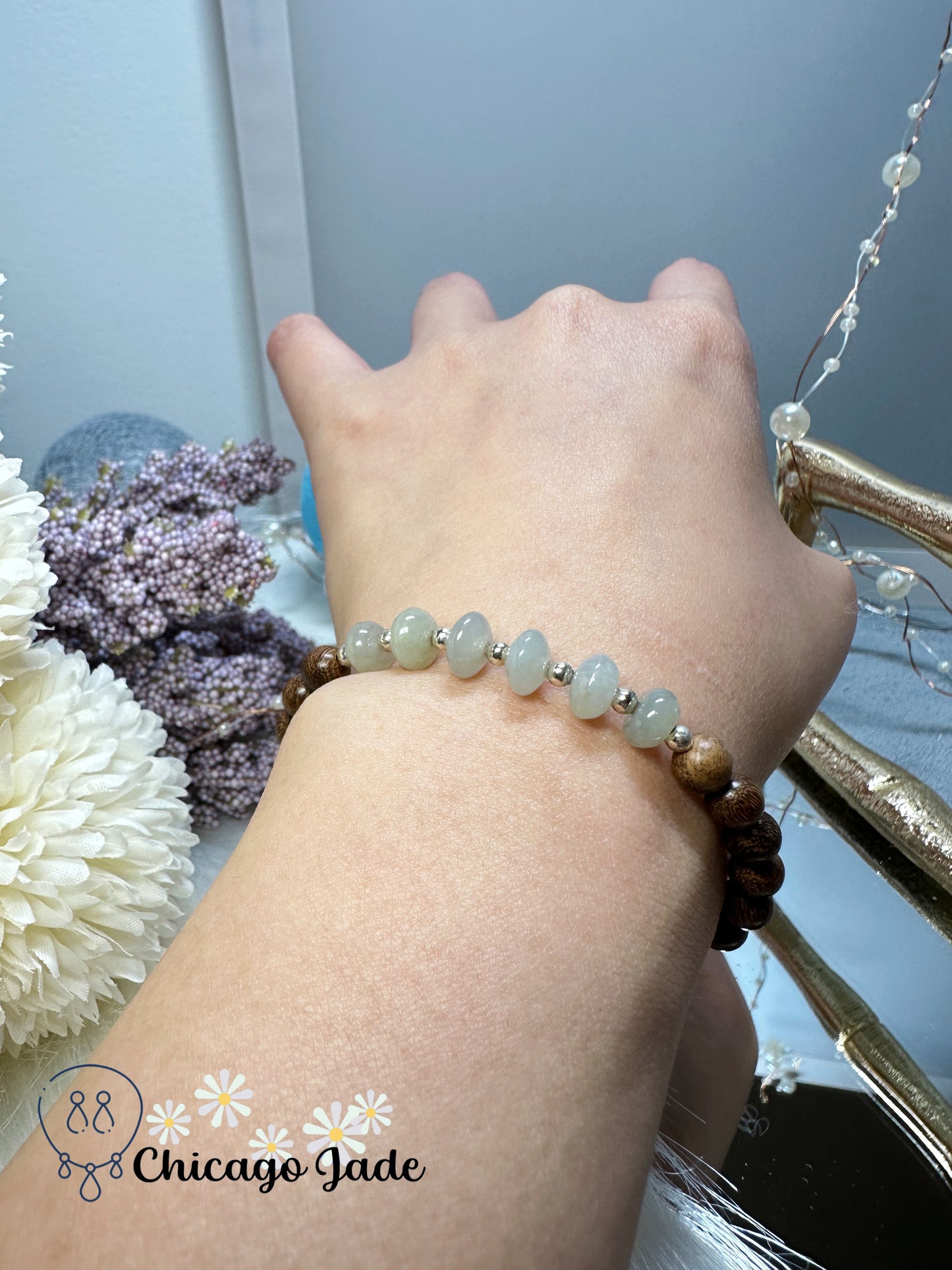 Translucent jadeite jade feicui donut beads and matching round wood beads bracelet