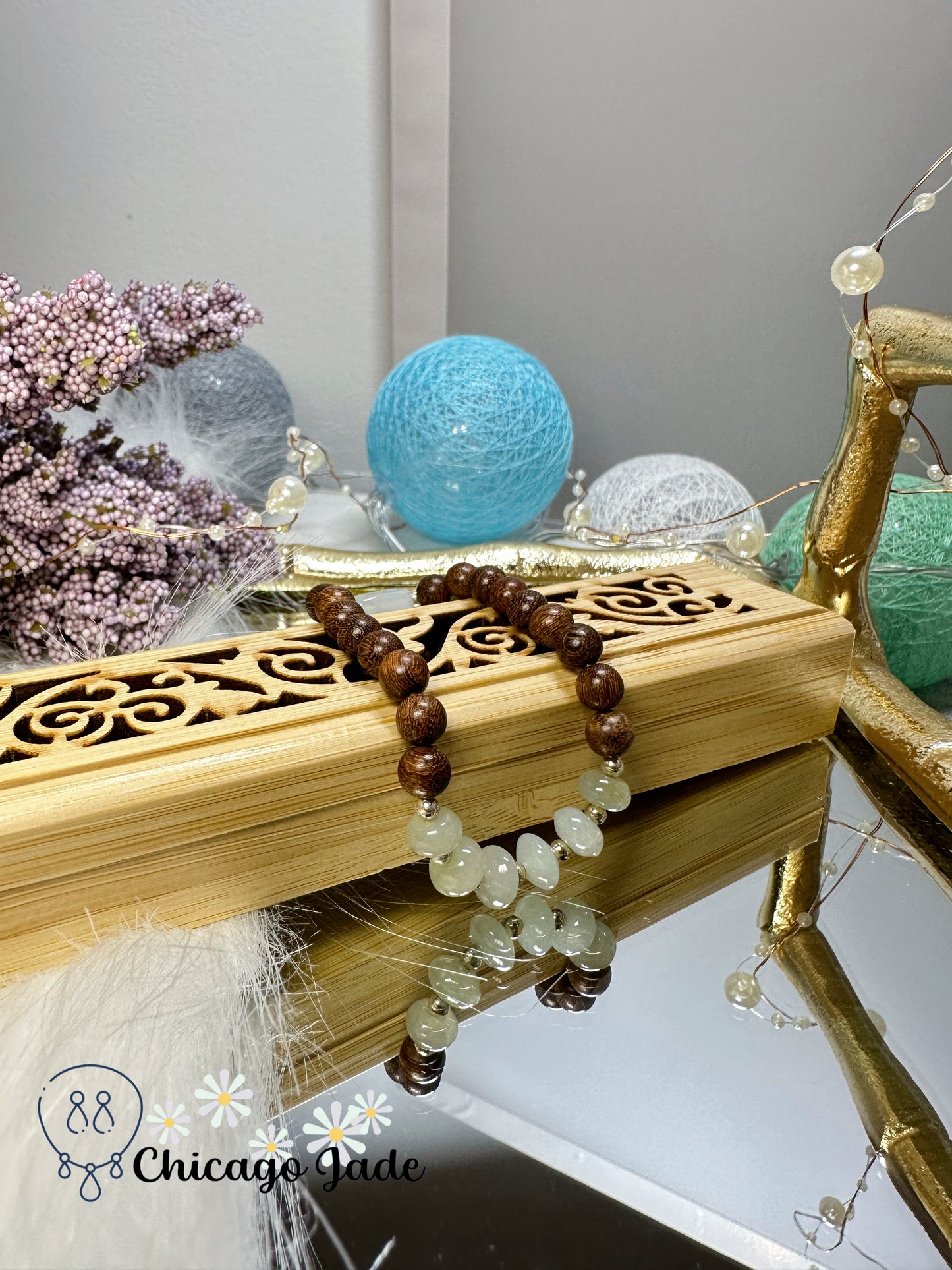 Translucent jadeite jade feicui donut beads and matching round wood beads bracelet