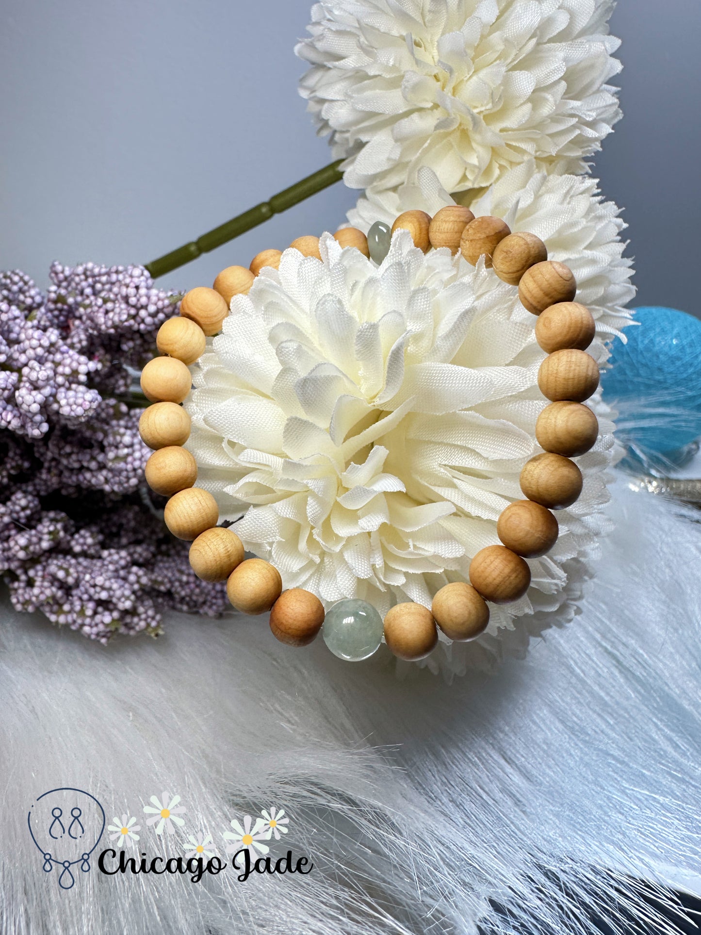 Translucent round jadeite jade feicui bead with matching wood beads bracelet - adjustable in size