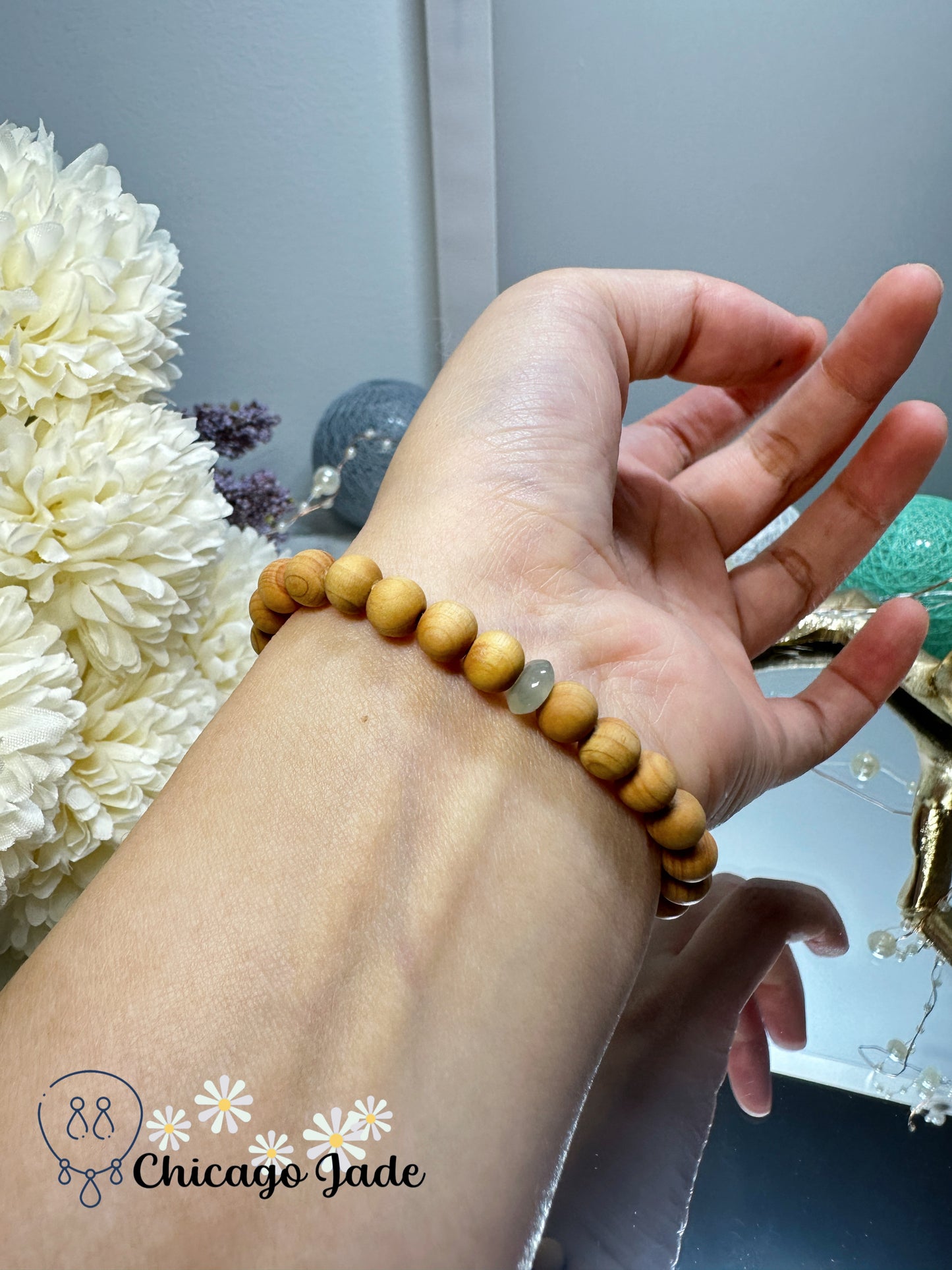 Translucent round jadeite jade feicui bead with matching wood beads bracelet - adjustable in size