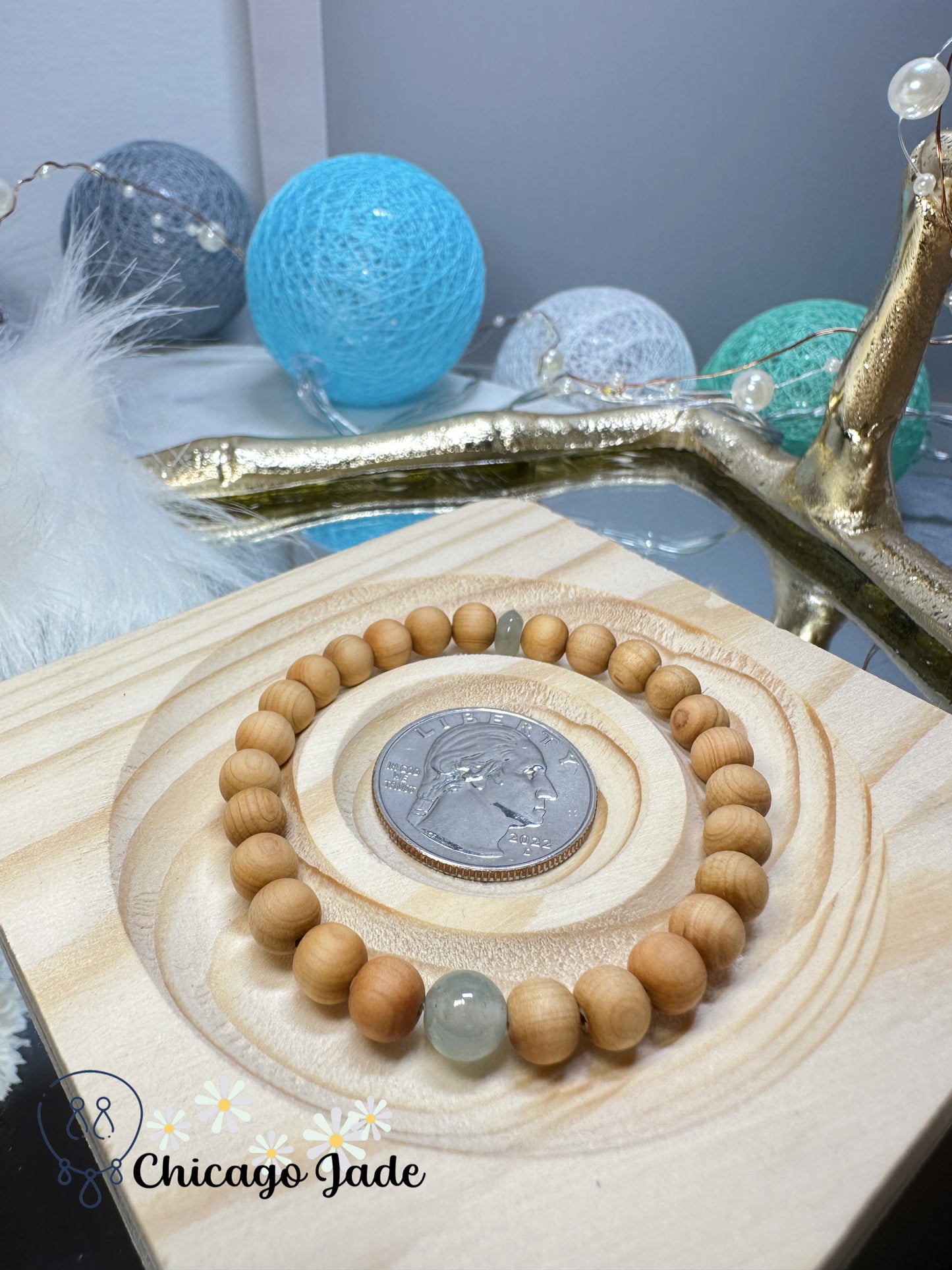 Translucent round jadeite jade feicui bead with matching wood beads bracelet - adjustable in size