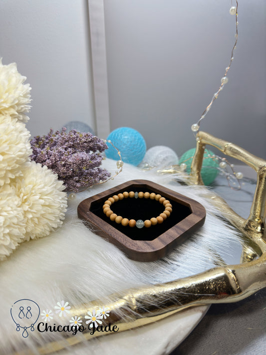 Translucent round jadeite jade feicui bead with matching wood beads bracelet - adjustable in size