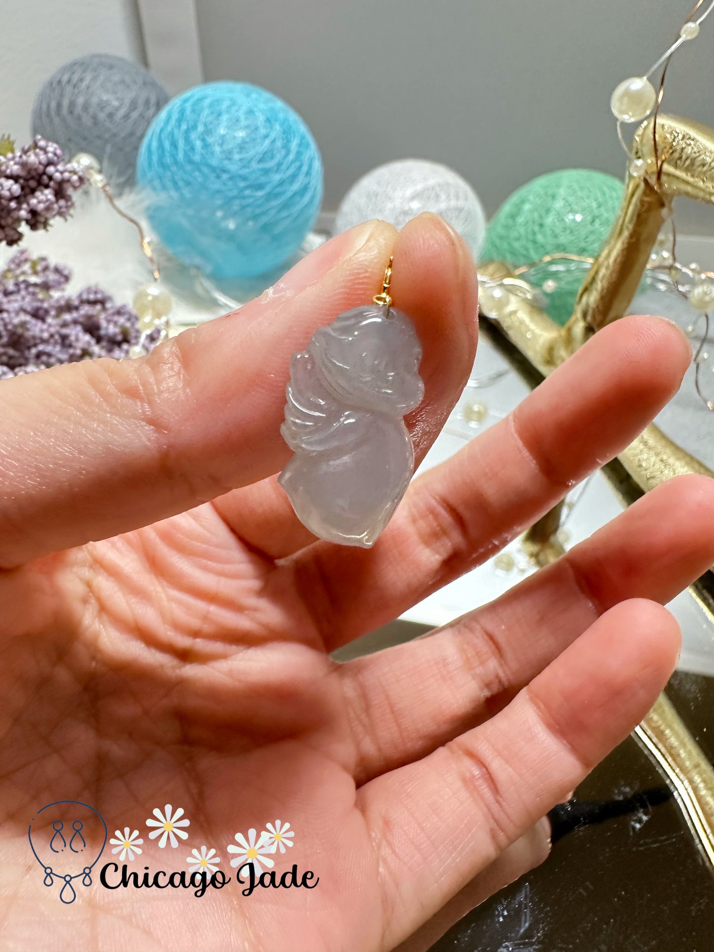 Jelly base translucent light blue carved angel jadeite jade pendant - 18K gold clasp handmade