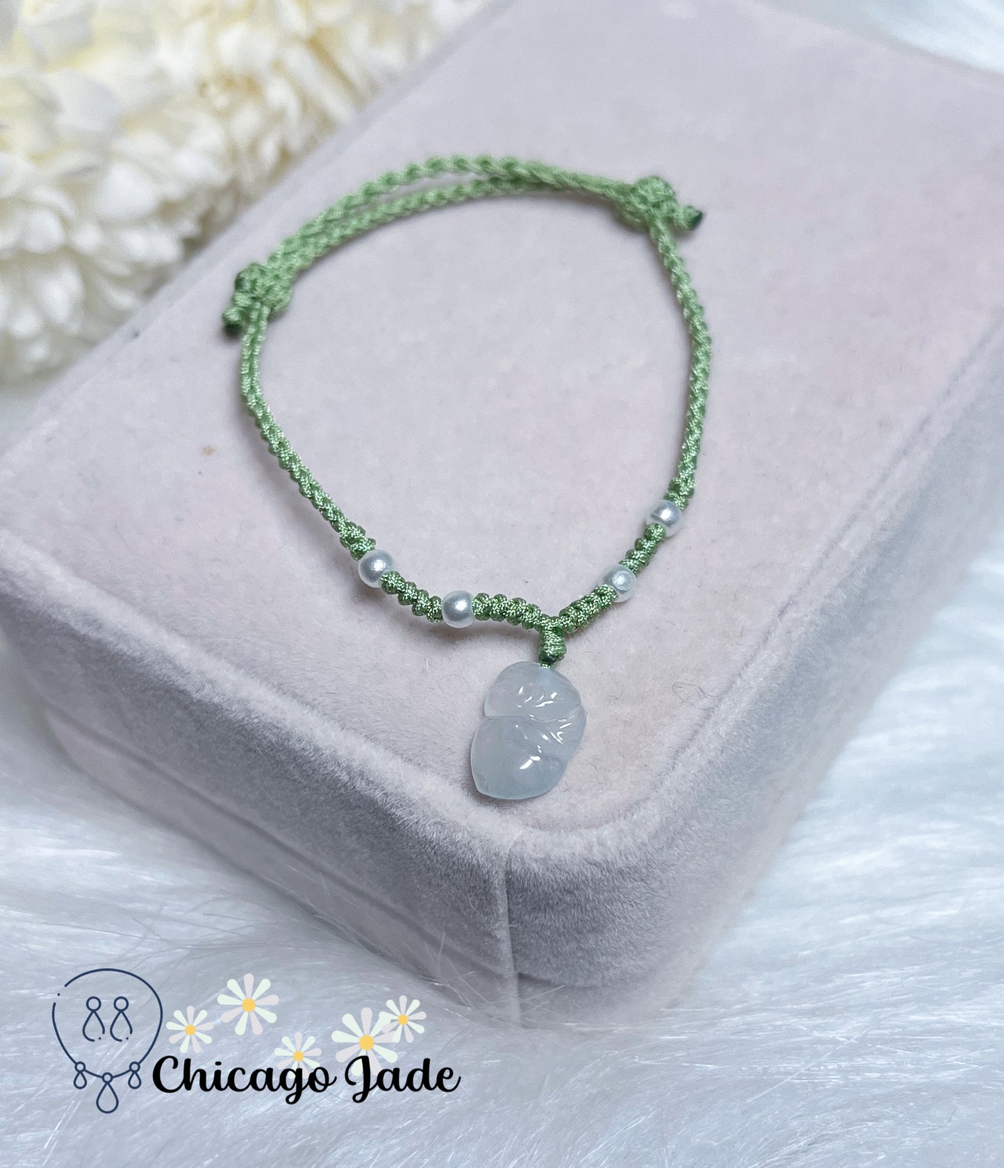 Dainty Jadeite Jade Feicui Fairy on Adjustable Rope Bracelet