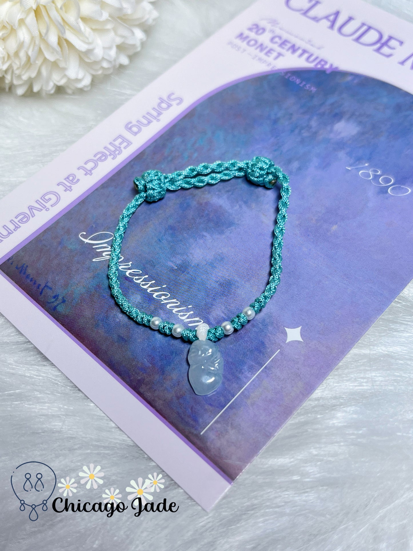 Moonlight White Dainty Jadeite Jade Feicui Fairy on Adjustable Rope Bracelet