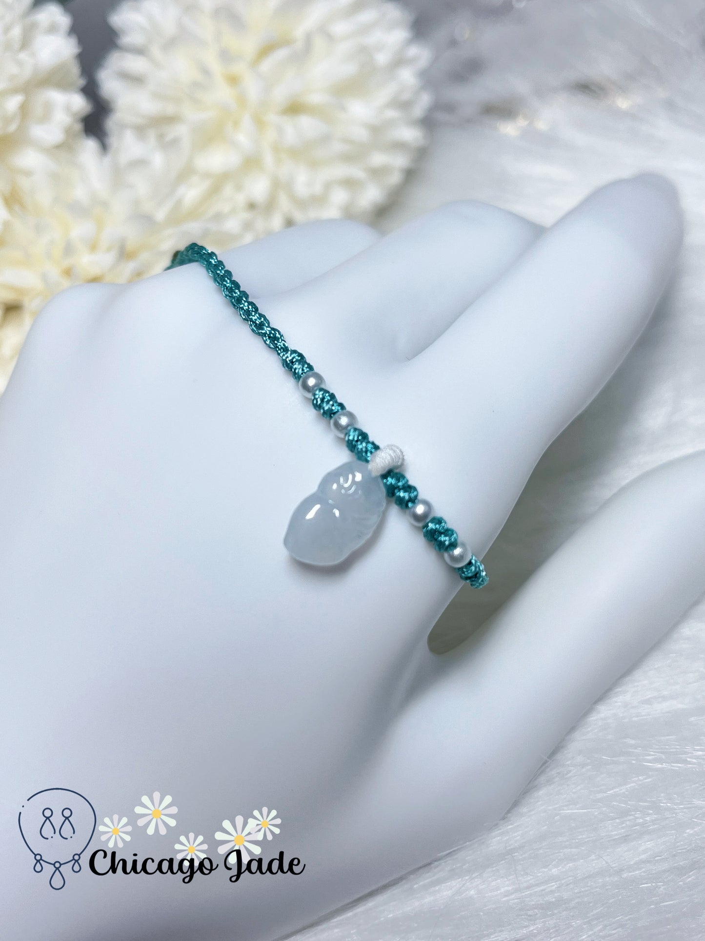 Moonlight White Dainty Jadeite Jade Feicui Fairy on Adjustable Rope Bracelet