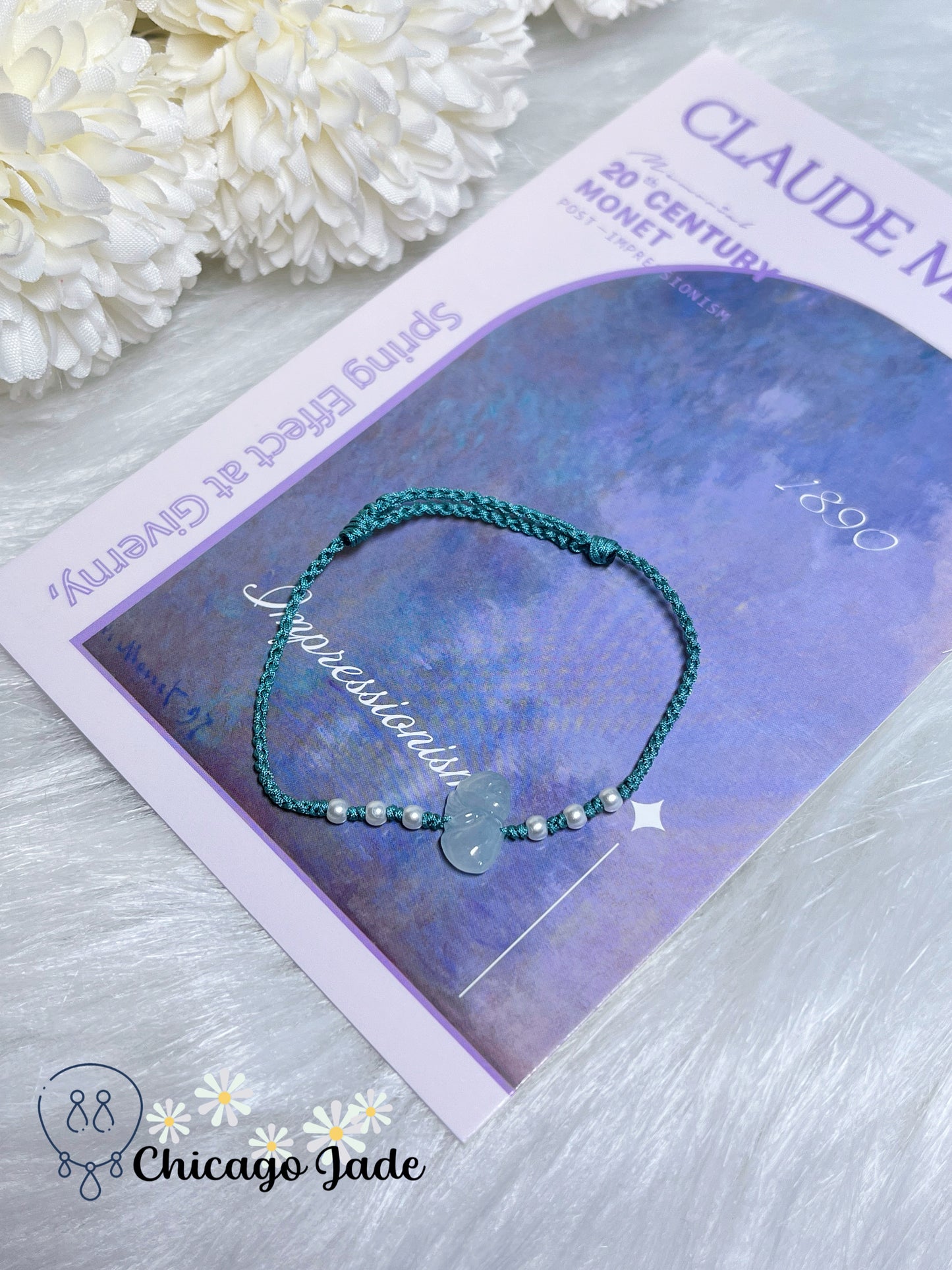 Translucent Jadeite Jade Feicui with a Tint of Blue Carved Angel on Adjustable Rope Bracelet