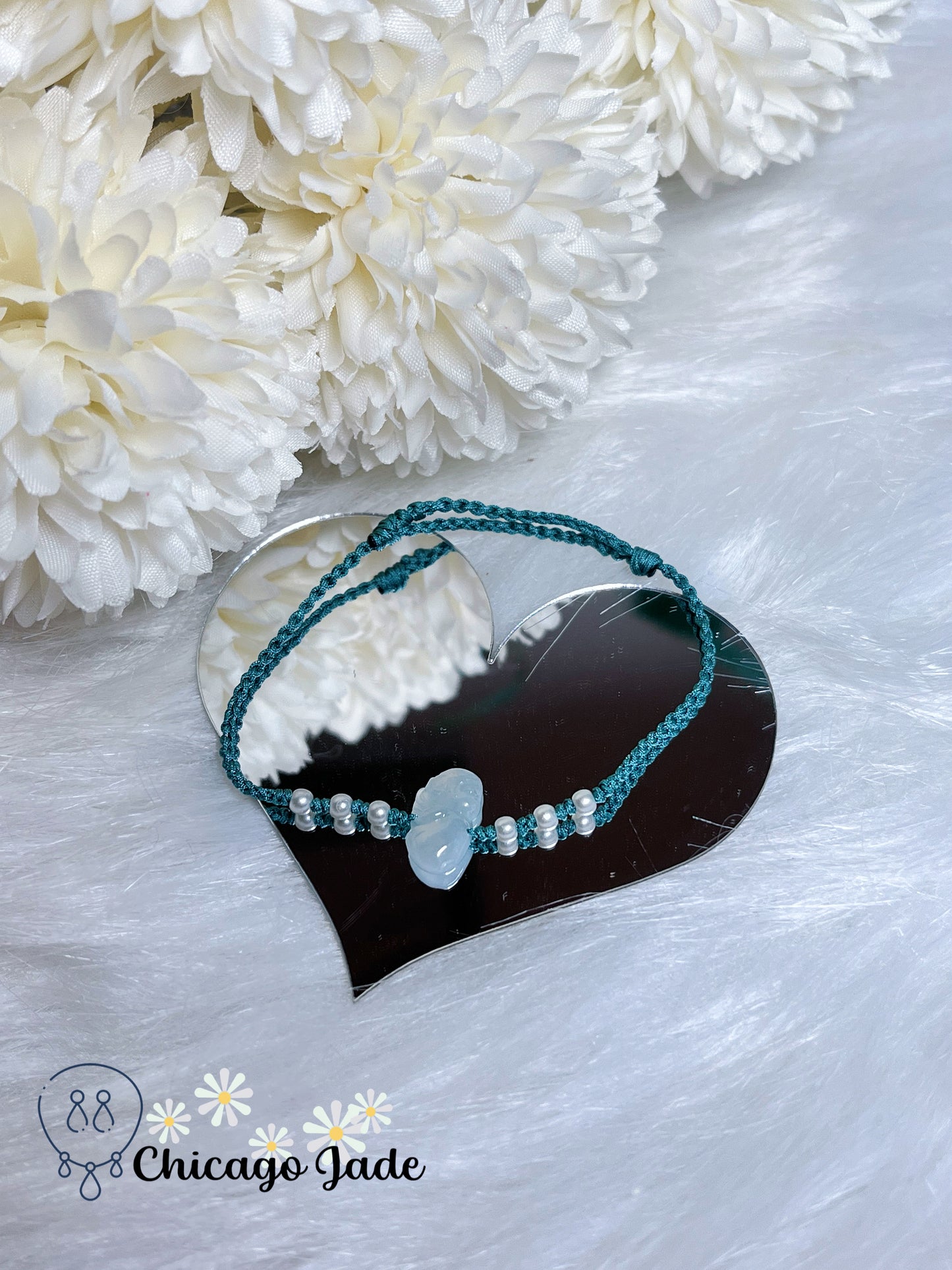 Translucent Jadeite Jade Feicui with a Tint of Blue Carved Angel on Adjustable Rope Bracelet