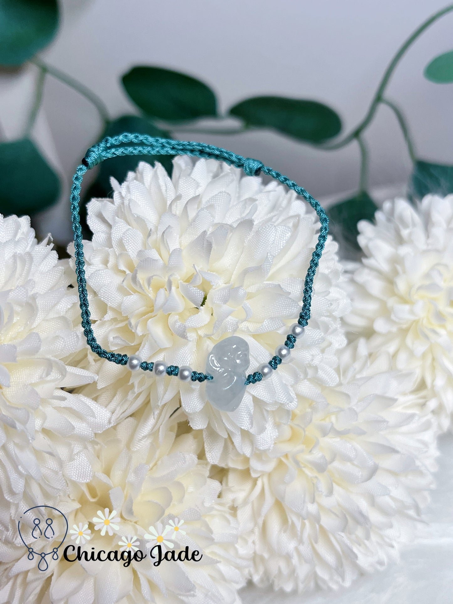 Translucent Jadeite Jade Feicui with a Tint of Blue Carved Angel on Adjustable Rope Bracelet