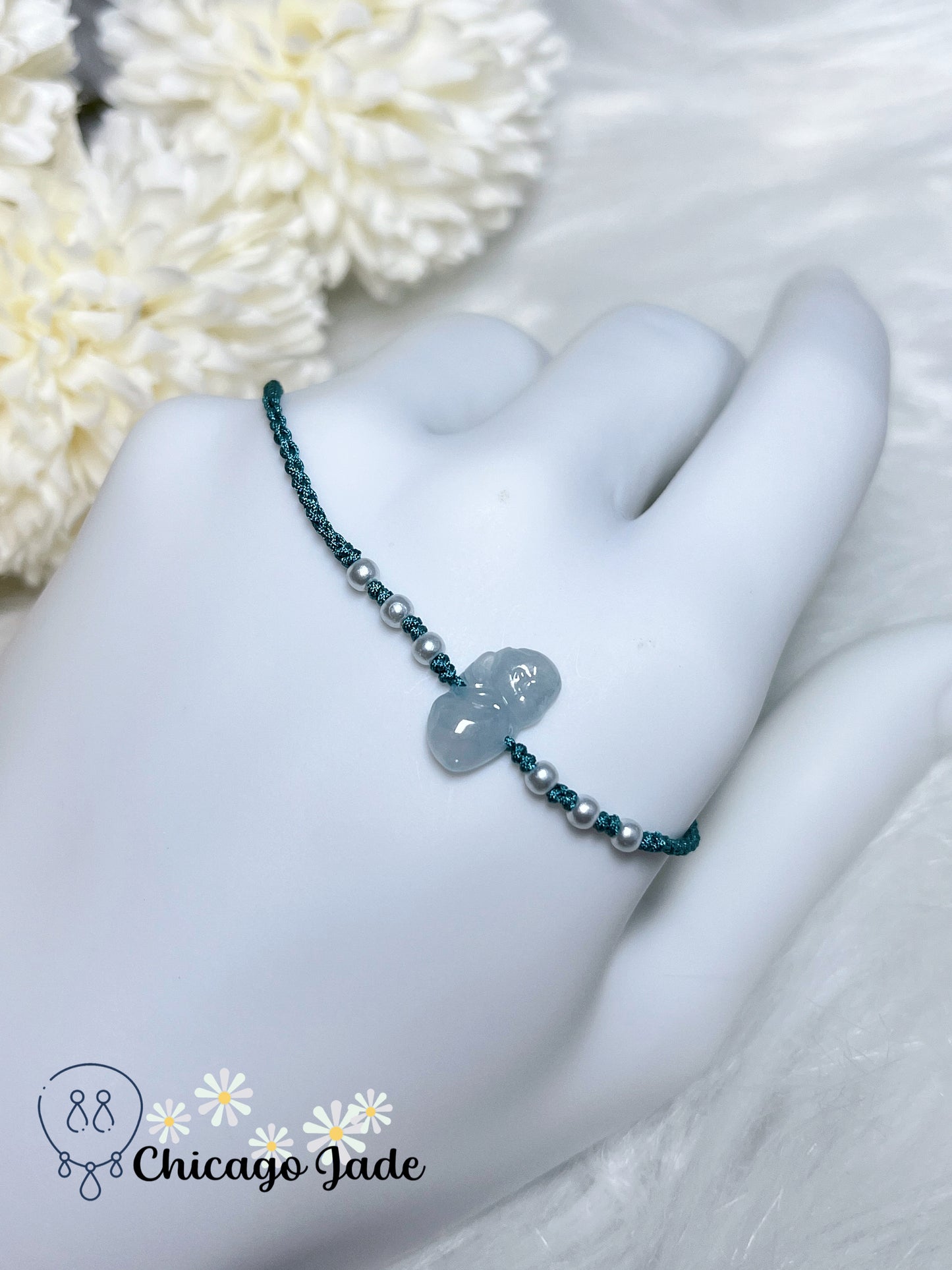 Translucent Jadeite Jade Feicui with a Tint of Blue Carved Angel on Adjustable Rope Bracelet