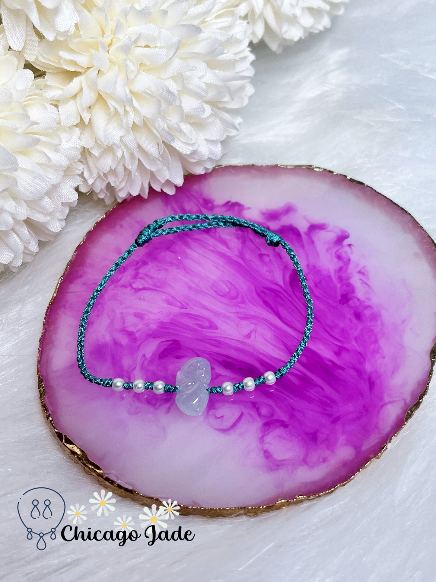 Translucent Jadeite Jade Feicui with a Tint of Blue Carved Angel on Adjustable Rope Bracelet