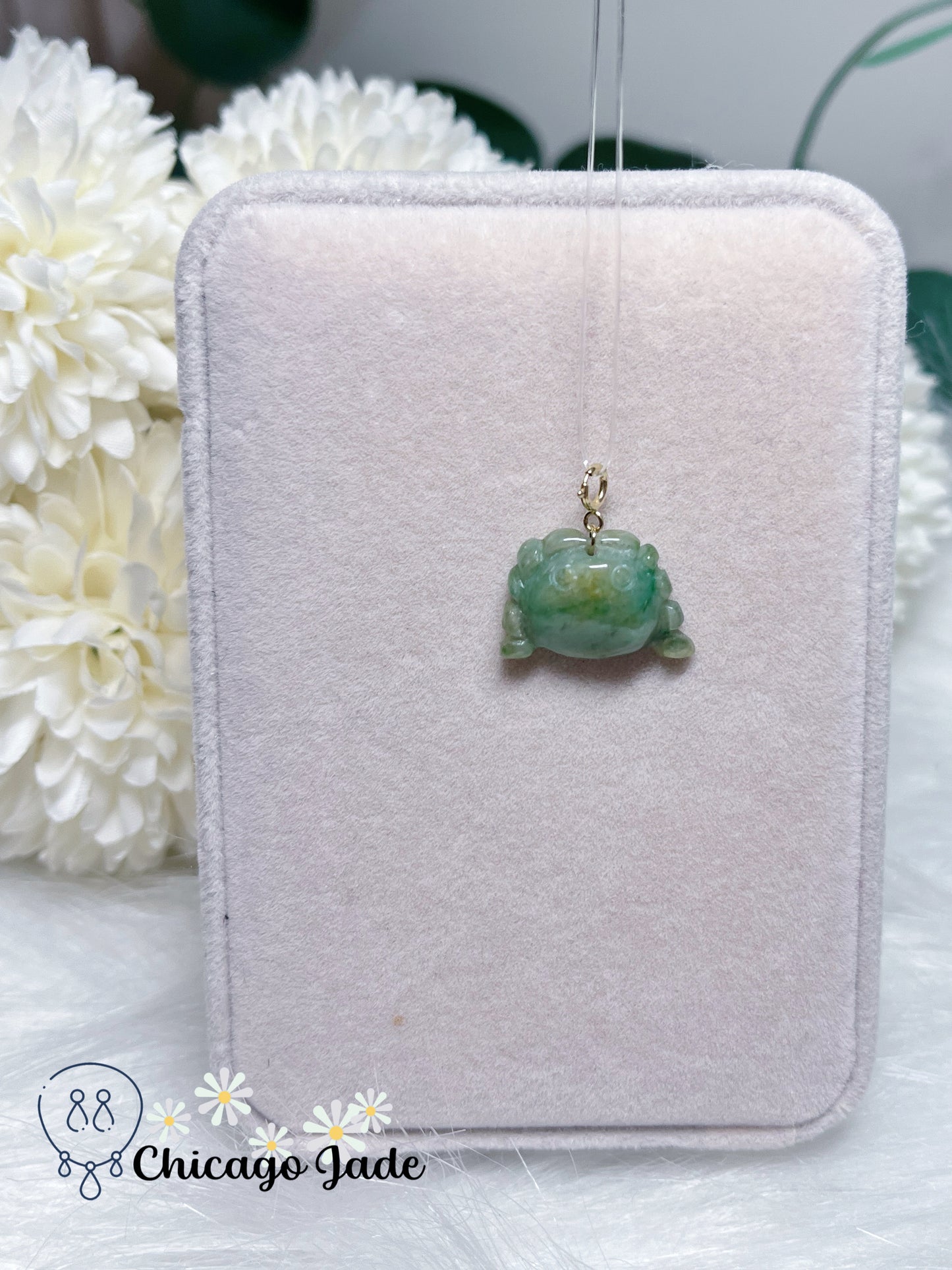 Light Green Carve Crab (Grab Fortune from all 8 Directions) Natural Jadeite Jade Feicui with 18K Solid Gold Clasp Certified Burma Pendant