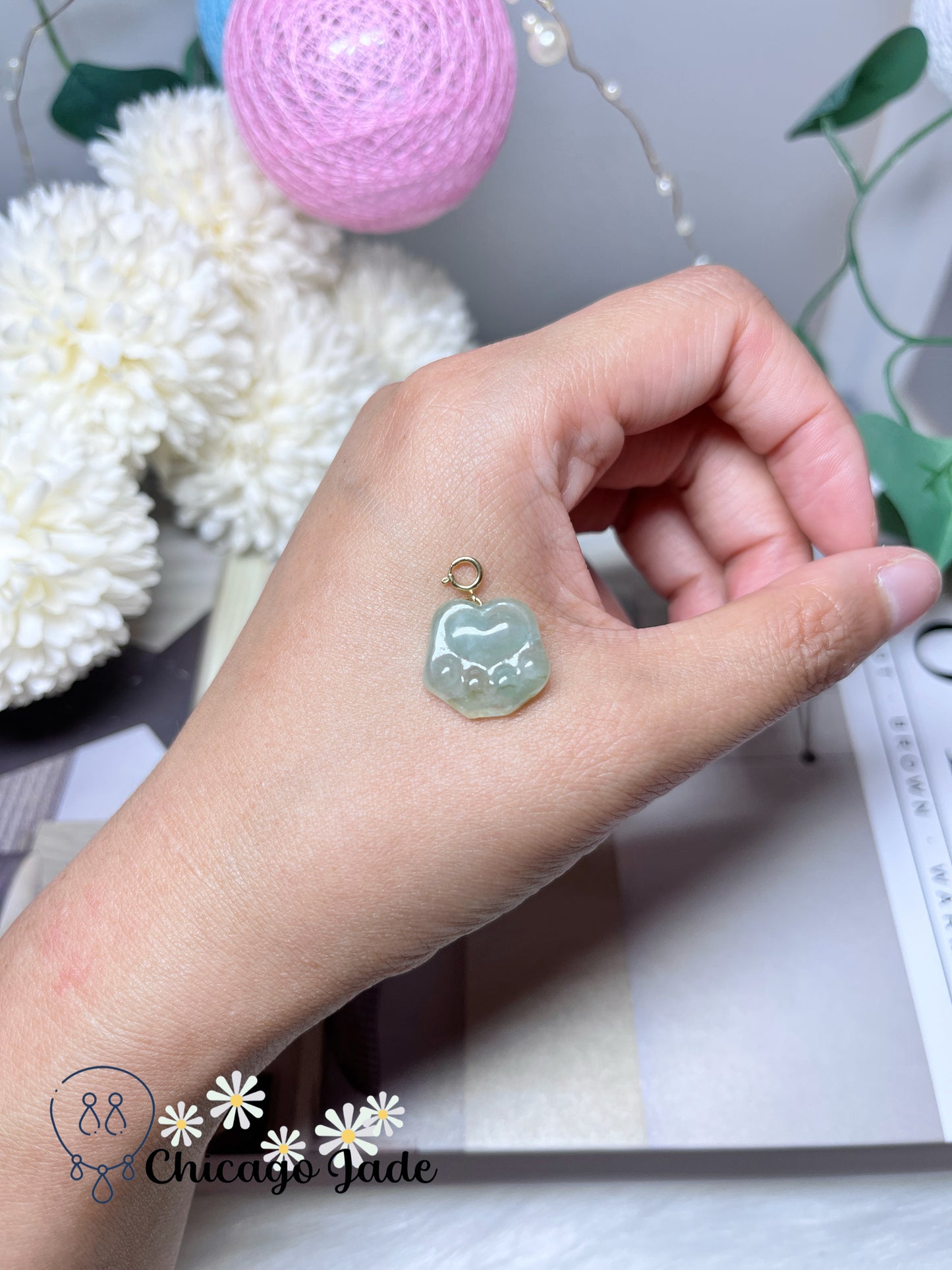 Icy Blue Green Jadeite Jade Feicui Carved Dog Cat Paw Pendant Necklace with Solid 18K Clasp Certified Burma