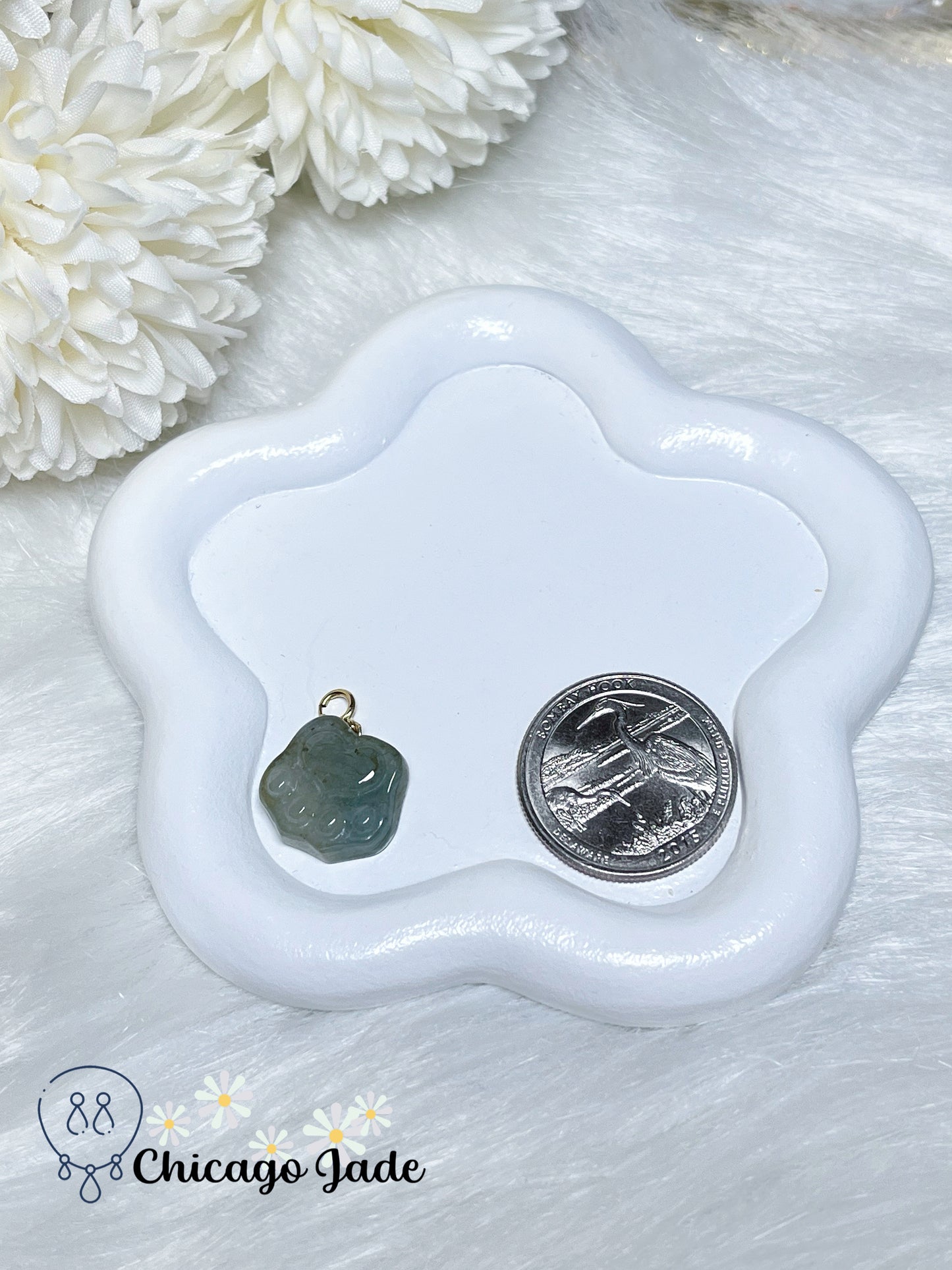 Translucent Green Grey Cat Dog Paw Carved Jadeite Jade Feicui with Solid 18k Gold Clasp Pendant Authentic Certified